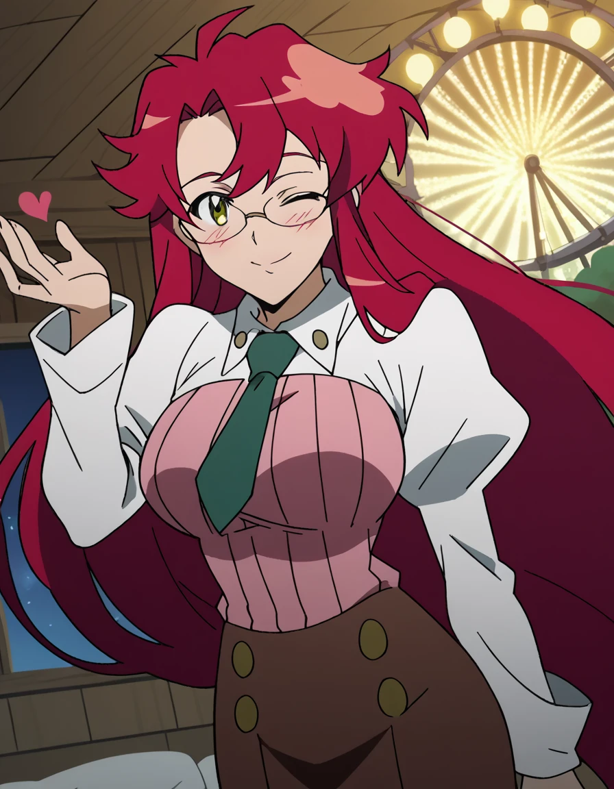 score_9, score_8_up, score_7_up, source_anime, <lora:yoko-littner-s1-v2-ponyxl-lora-nochekaiser:1>, yoko littner, long hair, yellow eyes, red hair, glasses, hair down, mature female, large breasts, anime screencap, skirt, necktie, glasses, long skirt, teacher, puffy sleeves, long sleeves, teacher, ribbed shirt, pink shirt, collared shirt, brown skirt, ferris wheel, lights, high, view, rotating, smile, <lora:blowing-kiss-ponyxl-lora-nochekaiser:1>, blowing kiss, pucked lips, heart, one eye closed, o3o, hand up, bed room, bed, blush, cowboy shot, dutch angle,, looking at viewer, solo,, cowboy shot, solo