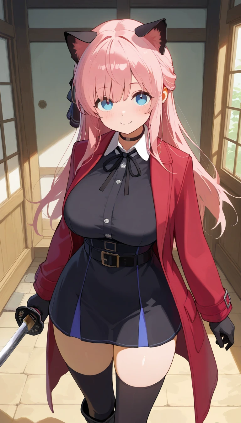 (masterpiece),best quality,amazing quality,very aesthetic,absurdres,newest,perfect body,shiny skin,perfect eyes,detail1eye,well-defined fingers,well-defined fingernails,anime style,indoors,1girl,solo,upper body,(portrait:1.5),looking at viewer,facing viewer,smile,blush,Vivi,cat ears,long hair,pink hair,hair ribbon,black ribbon,sidelocks,bangs,blue eyes,choker,red coat,black dress,collared shirt,white shirt,shirt under dress,neck ribbon,white button,long sleeves,black gloves,holding katana,large breasts,black belt,black thighhighs,zettai ryouiki,boots,black footwear,<lora:Vivi(v atmi)-Illus:1.6>,