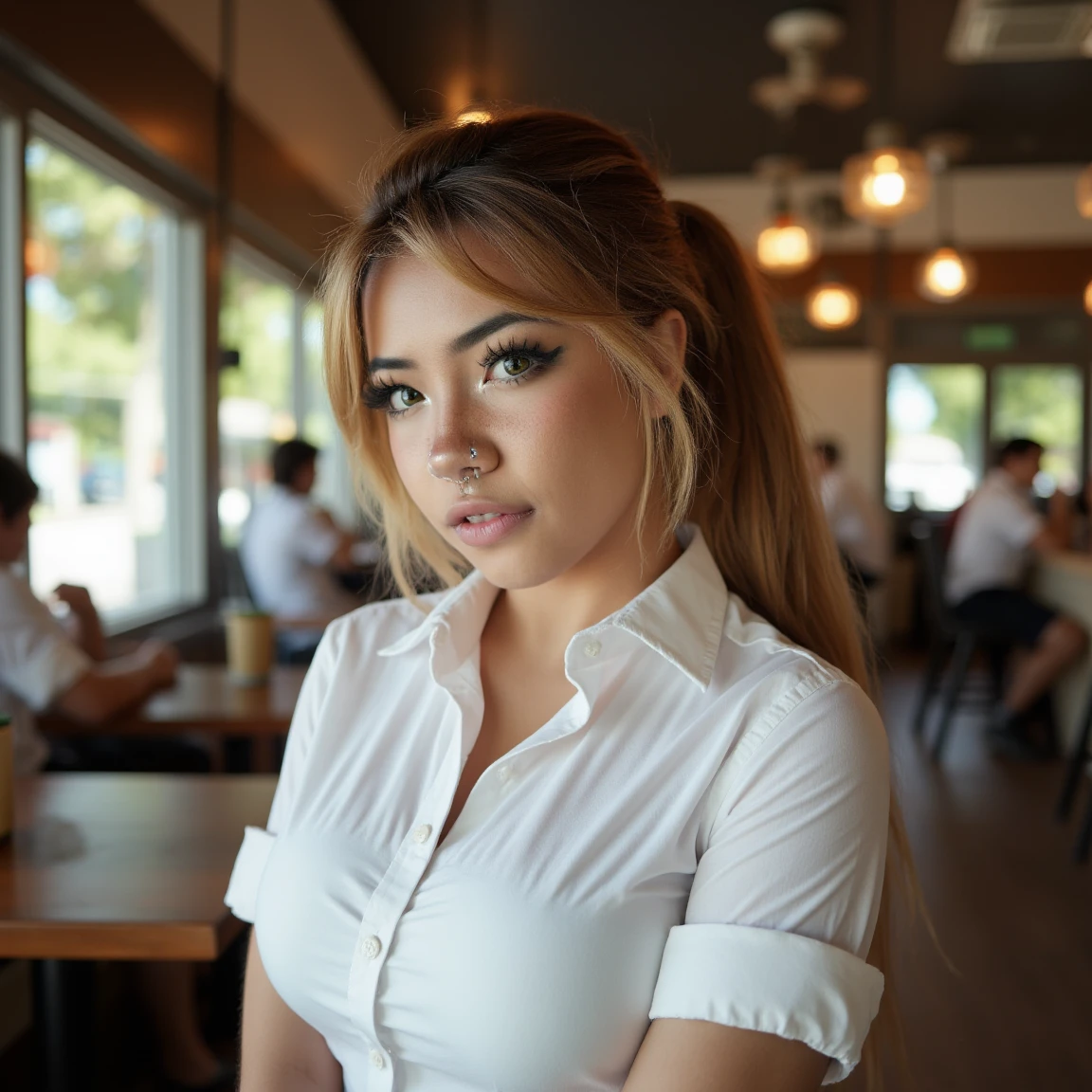 (A cinematic shot of <lora:Angelicat:1> a young woman with a light to medium skin tone. a stunning female model, updo ponytail hair, makeup and mascara. She is wearing a button-up white shirt and a skirt, standing in cafe looking at the viewer)