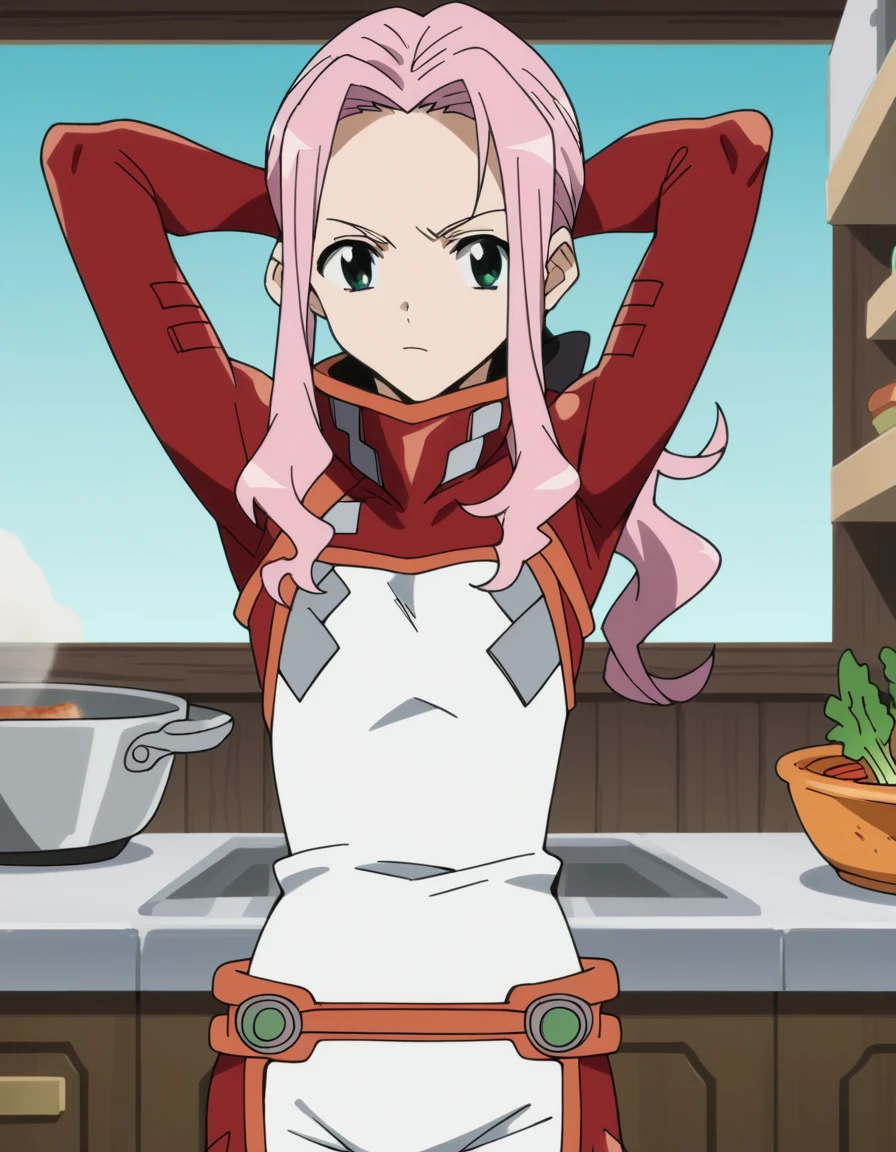 score_9, score_8_up, score_7_up, source_anime, <lora:darry-adai-s1-ponyxl-lora-nochekaiser:1>, darry adai, long hair, green eyes, ponytail, pink hair, hair bow, black bow, anime screencap, bodysuit, pilot suit, white bodysuit, red bodysuit, kitchen, cooking, apron, cutting vegetables, home cooking, , hands behind head,, looking at viewer, solo,, cowboy shot, solo