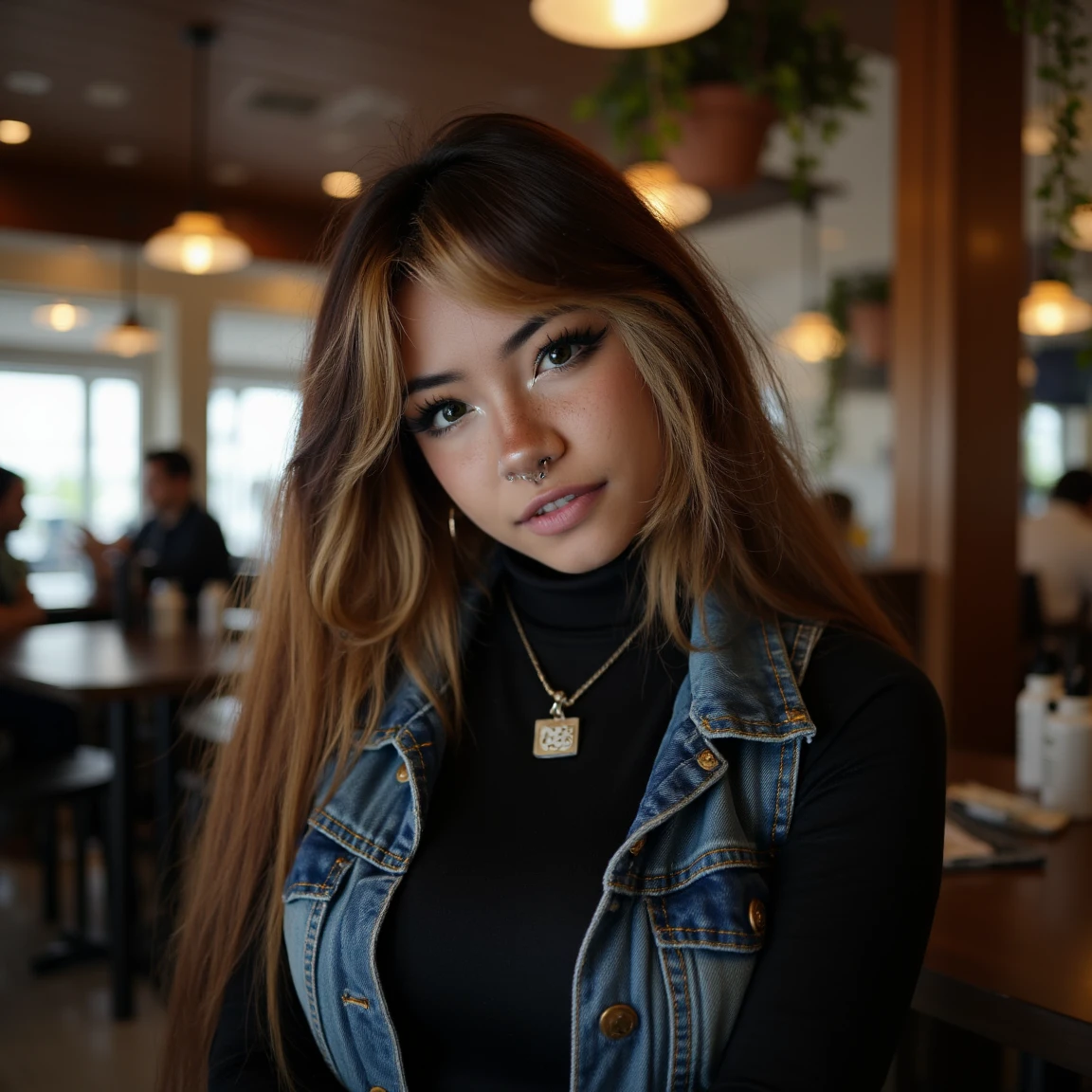 (A cinematic shot of <lora:Angelicat:1> a young woman with a light to medium skin tone. a stunning female model, wavy hair, makeup and mascara. She is wearing a black turtleneck sweater and a denim vest, standing in cafe looking at the viewer)