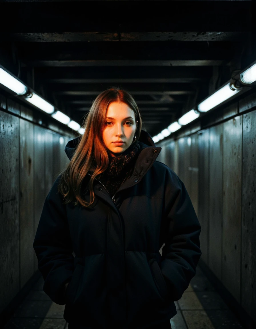 This is a high-resolution photograph featuring a young woman with a fair complexion and long, straight, light brown hair. She is positioned in a dimly lit urban setting, likely a subway tunnel or underground passageway. The lighting is predominantly dark with only a few illuminated horizontal fluorescent lights providing a stark contrast. The woman is wearing a dark-colored, puffy winter jacket that appears to be made of thick, warm material, suggesting it is cold outside. She has a neutral expression, and her gaze directed slightly downward, giving a contemplative or introspective mood. Her face is partially illuminated by a warm, orange light that casts a soft glow on her features, adding a dramatic and moody effect to the image. The background consists of large, smooth, dark grey concrete panels, creating a stark, industrial ambiance. The overall tone of the image is dark and atmospheric, with a focus on the interplay between light and shadow. The photograph captures a moment of quiet contemplation in an otherwise bustling urban environment. <lora:Synesthesia:0.45>