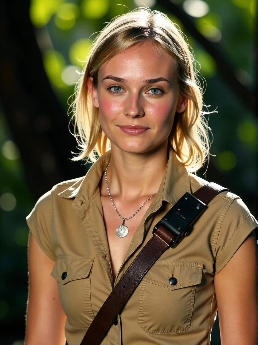 <lora:Diane_Kruger_Ca2002:1> woman, blonde <lora:zz_s_Stylish_Lighting:0.5> <lora:zz_s_Fluxartis:0.5> A highly detailed cinematic photography, extreme close-up, zoomed, focus on face, centered, macro shot, face centered, focus on eyes, looking directly at the viewer, looking directly at the camera, making eye contact, looking straight ahead, modest clothes, modest apparel, chest covered, modesty <lora:zz_s_Chest_Size_Slider:-2>, smiling, extreme close-up, standing in rainforest ruins, wearing a safari shirt and vest, gun, holding a bullwhip, golden hour, god rays, lighting effects, smoke effects, smokey air, misty airâââ