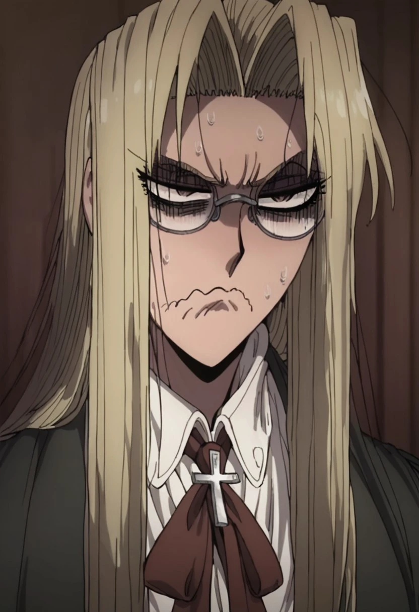 score_9, score_8_up, score_7_up, 1 girl, Yorbutthurtface, angry, annoyed, expressive, exxagerated exxpresion, frown, shaded face, wavy mouth, sweating profusuely, Integra hellsing, blonde, glasses, cross neckless