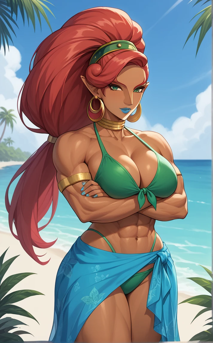 score_9, score_8_up, score_7_up, absurdres, 1girl, bare tree, branch, breast hold, crossed arms, day, outdoors, palm tree, stomach, cowboy shot, blue sky, cloud, blurry background, legs together, closed mouth, standing, thighs, arm under breasts,<lora:PONYXL_LegendOfZelda_Urbosa_ownwaifu:1>, BREAK SarongBikini_Urbosa_ownwaifu, 1girl, bare shoulders, big hair, blue lips, blue sarong, collarbone, dark-skinned female, green bikini, green eyes, hair pulled back, hoop earrings, jewelry, lipstick, long nose, makeup, neck ring, pointy ears, pointy nose, red hair, sarong, swept bangs, swimsuit, tall female, thick eyebrows, toned, urbosa, very dark skin, abs, armlet, blue nails, cleavage, front-tie bikini top, front-tie top, hairband, high ponytail, highleg bikini, large breasts, muscular female, nail polish, navel, obliques, biceps, bikini, thick thighs,<lora:add-detail-xl:0.15>,