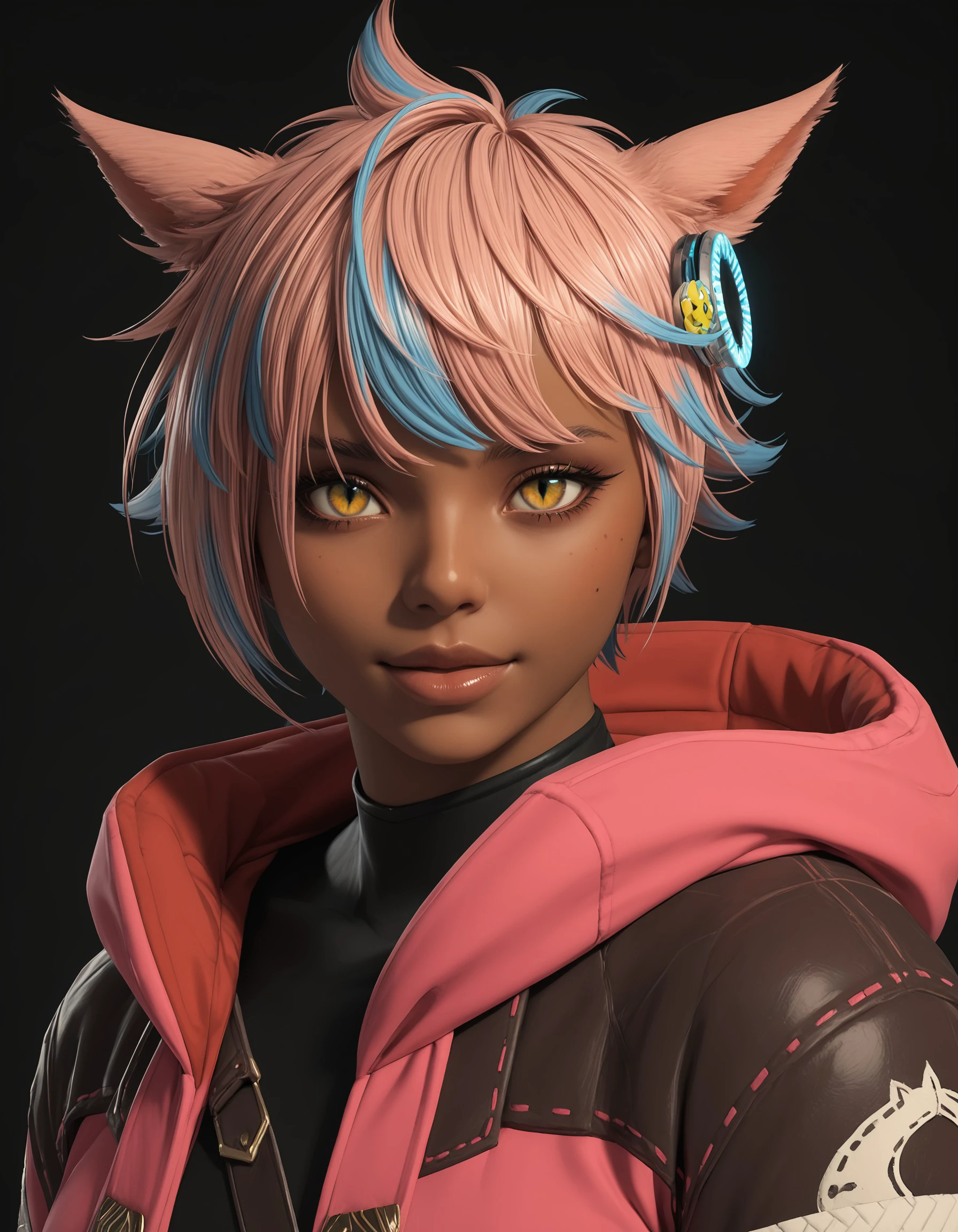 score_9, score_8_up, score_7_up, score_6_up, score_5_up, score_4_up, BL4CKC4TD5K, animal ears, miqo'te, pink hair, multicolored hair, dark skin, 1girl, slit pupils, yellow eyes, looking at viewer, blue hair, short hair, cat ears, hair ornament, lips, pants, dark-skinned female, two-tone hair, hood, bangs, , <lora:3b3da377-9f27-4a25-8dd4-94585a8a4fc9:0.7>