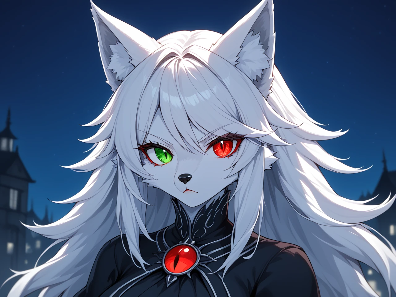 (masterpiece), best quality, expressive eyes, perfect face, anime, (1girl, (wolf girl, vampire, furry female wolf, furry female), (white hair, sideswept bangs, white fur)), ((heterochromia, right red eye, left green eye)), (black dress), serious, (townm, night), fine details, clothing textures, depth of field, dim lighting, high quality, thick outlines, symphtia-style