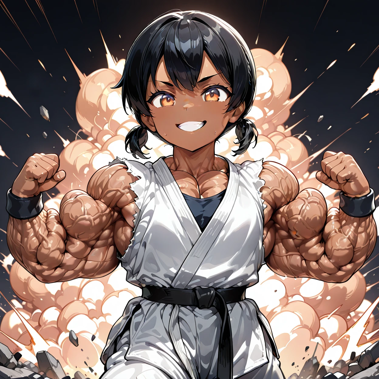 1girl, flat chest, tanned skin, 
short hair, black hair, low twintails, 
dougi, black belt, torn sleeves, 
dark background, punching ground, debris, explosion, grin,
 <lora:Hyper_Muscles_IL:1> hyper-muscles, muscular female, veiny muscles,, masterpiece,best_quality, newest, masterpiece, best quality, absurdres, highres, highly detailed, very aesthetic,