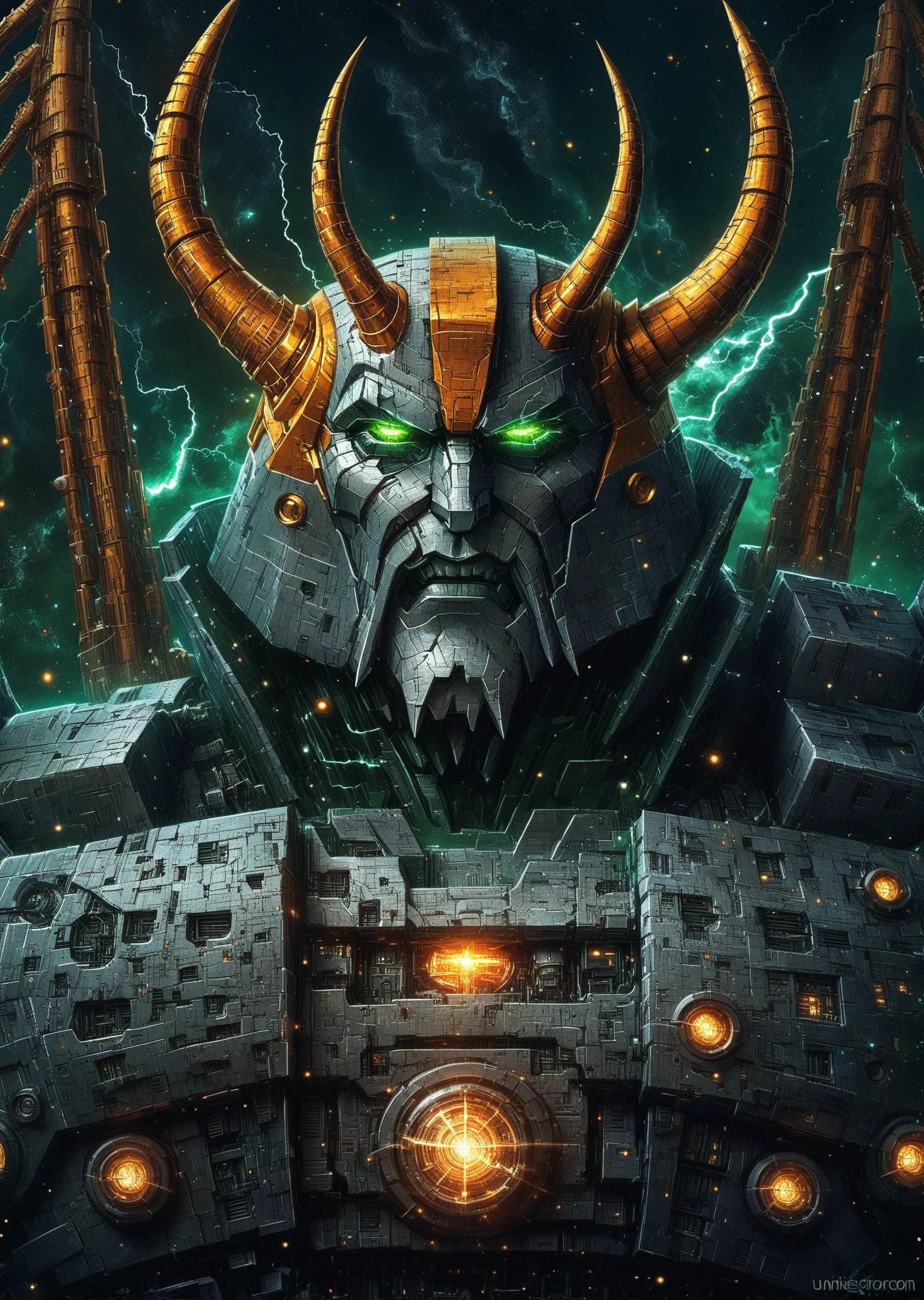 Unicron, masterpice retrostyle sci-fi art, anime, giant robot, detailed metal face, green eyes, horns, wings, lightning, stars, space, 2d, digital painting, high quality, high detailed, sharp focus<lora:lora\Unicron_G1.safetensors:1.0:1.0>