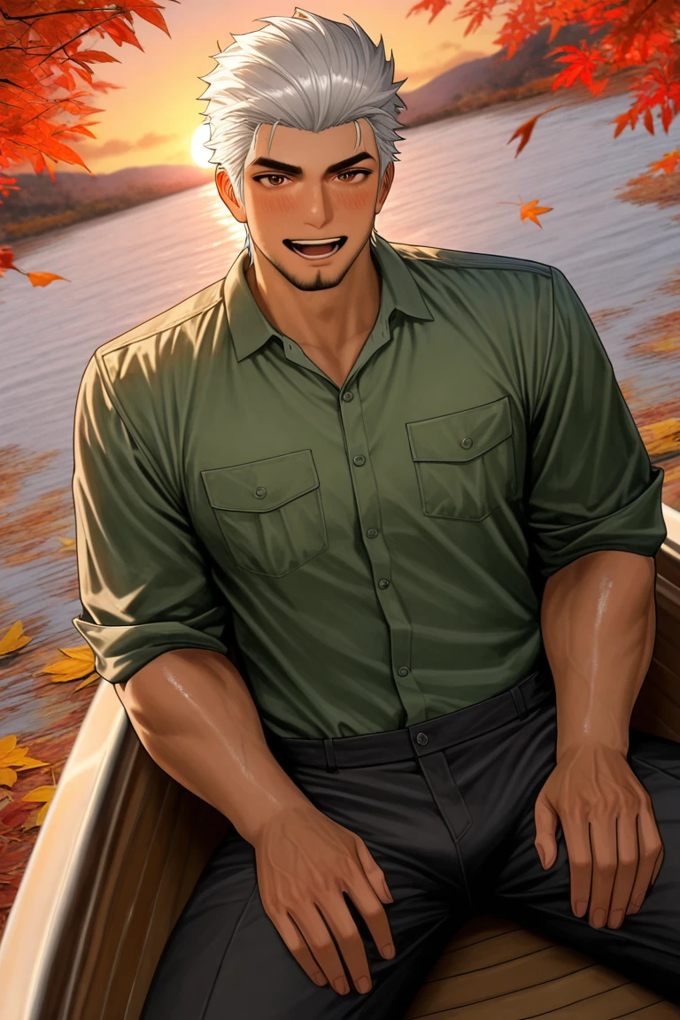 realistic shading, backlighting, male focus, looking at viewer, expressive happy face, sunjiansw, white_sunjiansw_short hair, white_sunjiansw_facial hair, brown eyes, 1boy, smiling, open mouth, sweet smile, slight blush, shiny skin, hands on own thighs, sitting in boat, legs apart, suggestive, autumn clothes cosplay, greyish green dress shirt, breast pocket, pants, glistening water, evening outdoors, sunset, falling autumn leaf, large autumn leaf, water, intimate, romantic, dutch angle, dynamic angle, dynamic action, atmospheric perspective, cinematic, intricately detailed illustration, depth of field, masterpiece, best quality, amazing quality, very aesthetic, absurdres, newest, anime screencap