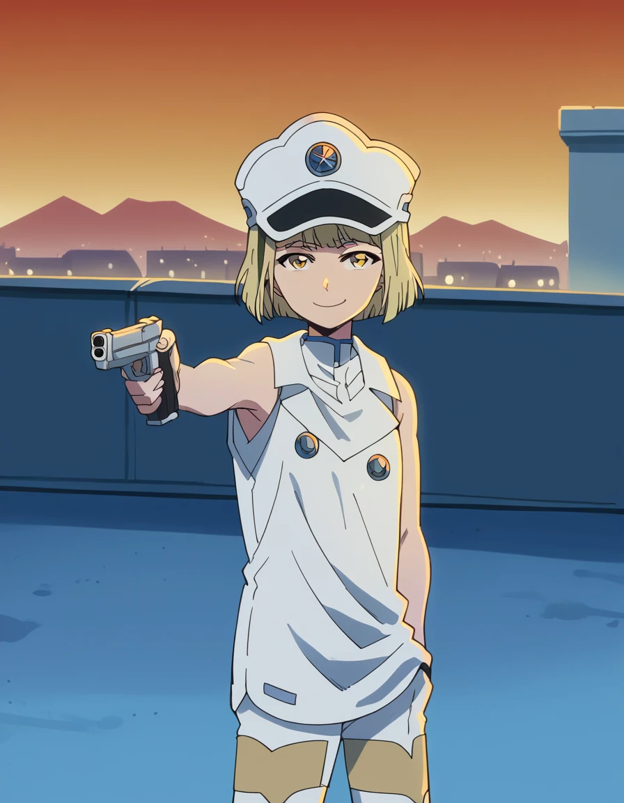 score_9, score_8_up, score_7_up, source_anime, <lora:liltotto-lampered-tybw-ponyxl-lora-nochekaiser:1>, liltotto lampered, short hair, blonde hair, yellow eyes, anime screencap, thighhighs, hat, sleeveless, uniform,, rooftop, view, height, buildings, sky, smile, <lora:yusuf-dikec-ponyxl-lora-nochekaiser:1> yusuf dikec, yusuf dikec (meme), meme, hand in pocket, handgun, holding gun, gun, shirt, t-shirt, pants, audience, cowboy shot,, looking at viewer, solo,, cowboy shot, solo