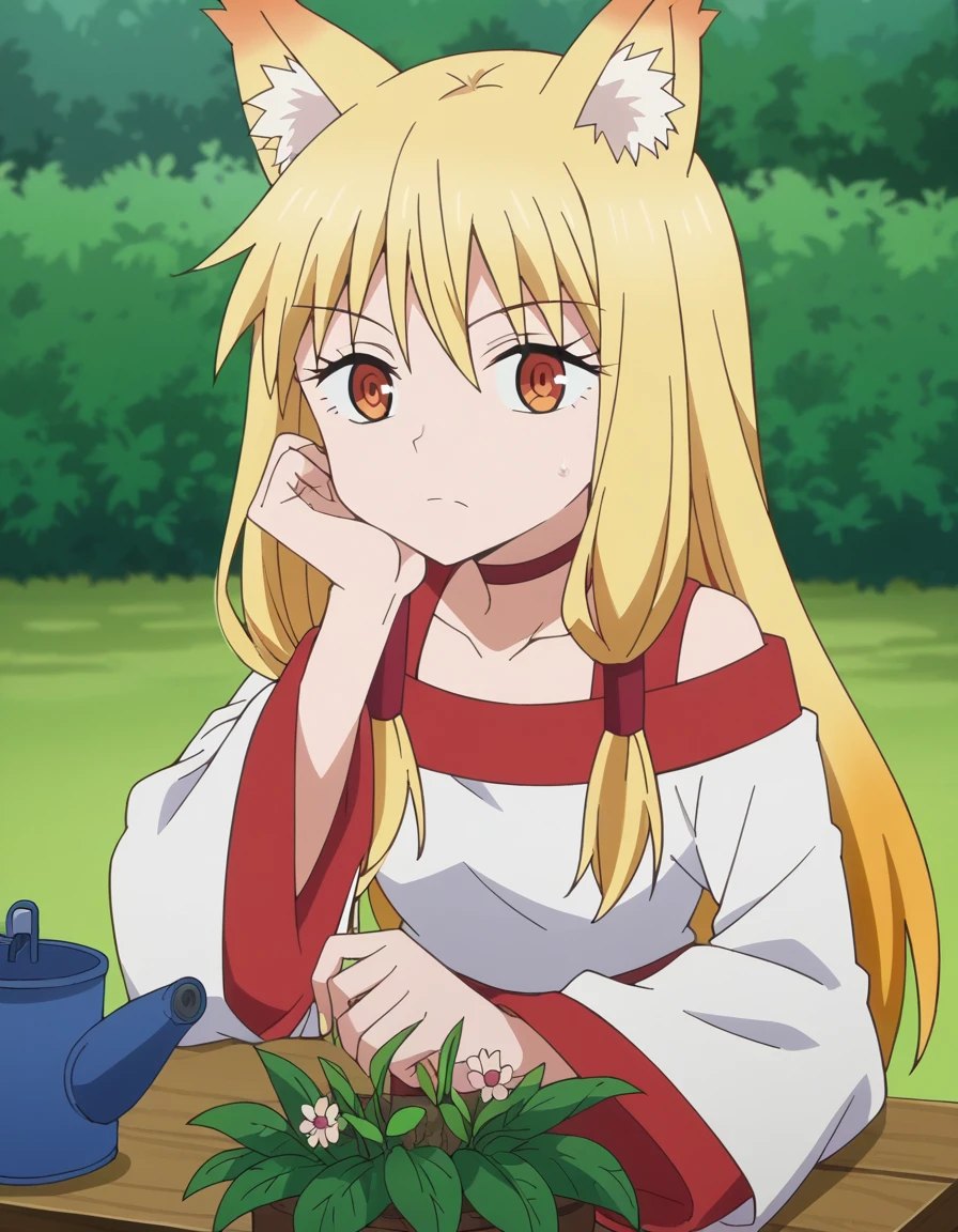 score_9, score_8_up, score_7_up, source_anime, <lora:tama-youko-s2-ponyxl-lora-nochekaiser:1>, tama youko, long hair, blonde hair, animal ears, brown eyes, animal ear fluff, fox ears, sidelocks, anime screencap, long sleeves, dress, collarbone, choker, wide sleeves,, gardening, watering plants, backyard, flowers blooming, sunny day, , sitting, elbow rest, table,, looking at viewer, solo,, cowboy shot, solo