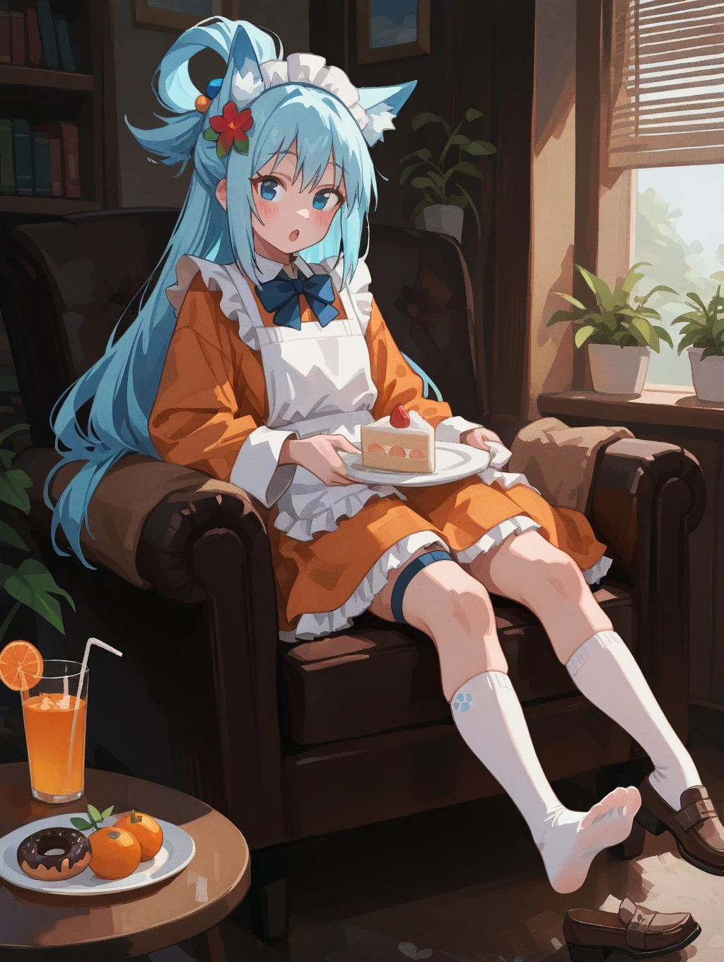 perfect quality,high quality,masterpiece,best quality,amazing quality,very aesthetic,absurdres,Cinematic Lighting,newest,Tactical use of shadow,
AquaCYQL,1girl,solo,long hair,blue hair,very long hair,hair rings,hair ornament,blue eyes,
plant,pottedplant,socks,animalears,whitesocks,cake,food,noshoes,unwornshoes,shoes,couch,lookingatviewer,indoors,cakeslice,drinkingstraw,dress,bow,animalearfluff,longsleeves,cup,frills,thighstrap,oncouch,frilledtable,openmouth,sitting,whitedress,blush,widesleeves,brownfootwear,drink,doughnut,feet,soles,holding,veryfoxears,drinkingglass,bowtie,kneehighs,book,fullbody,maidheaddress,handsup,frilleddress,multicoloribbon,foxgirl,skirt,plate,orangeslice,window,whiteshirt,ribbontrim,juice,orange(fruit),loafers,cookie,bluntbangs,chair,shirt,legup,pawprint,singleshoe,toes,flower,whitebow,sidelocks,ownhandstogether,fruit,whiteribbon,armchair,apron,fork,foxtail,legs,redflower,blackbow,tail,windowblinds,bendystraw,leaf,box,:o,stuffedtoy,whiteapron,whitesleeves,orangedress,partedlips,bookshelf,whitetwo-tonedress,frilledapron,ribbon-trimmedsleeves,day,smile,tapillow,stuffedanimal,legsup,clothingcutout,bluebow,glass,reclining,kneesup,,
<lora:spo_sdxl_10ep_4k-data_lora_webui:0.7>,<lora:MinimalistFlatColorXL_byKonan:0.5>,<lora:96YOTTEA-WAI:0.8>,,<lora:lora-000005.by_tusi:1>,