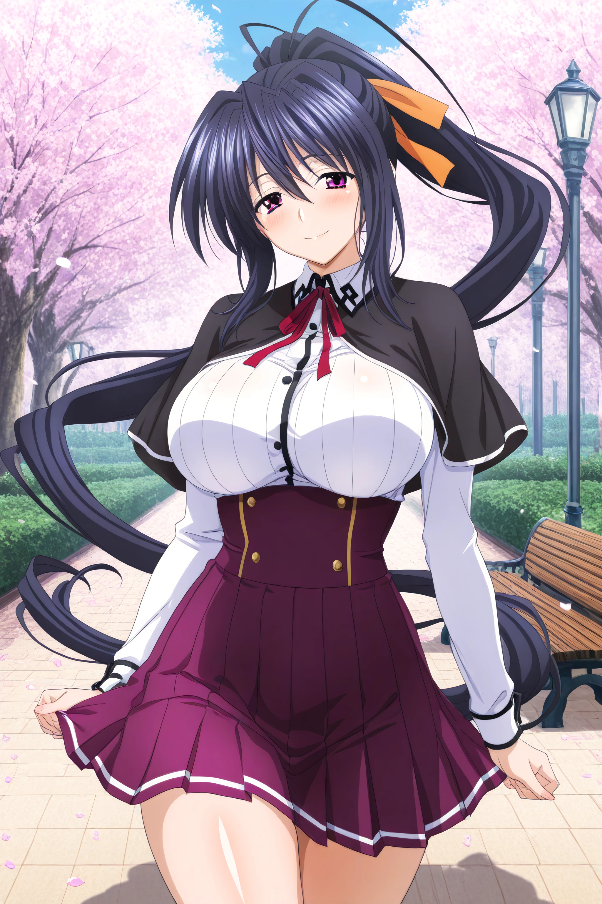 himejima_akeno, 1girl, long hair, solo, black hair, large breasts, very long hair, skirt, ribbon, outdoors, hair ribbon, ponytail, school uniform, day, looking at viewer, smile, petals, black capelet, purple eyes, lamppost, bench, capelet, hair between eyes, purple skirt, cowboy shot,  <lora:AkenoHimejima-IllustXL:1>, (masterpiece),(best quality),(ultra-detailed),(best illustration),(best shadow),(absurdres),(detailed background),(very aesthetic),