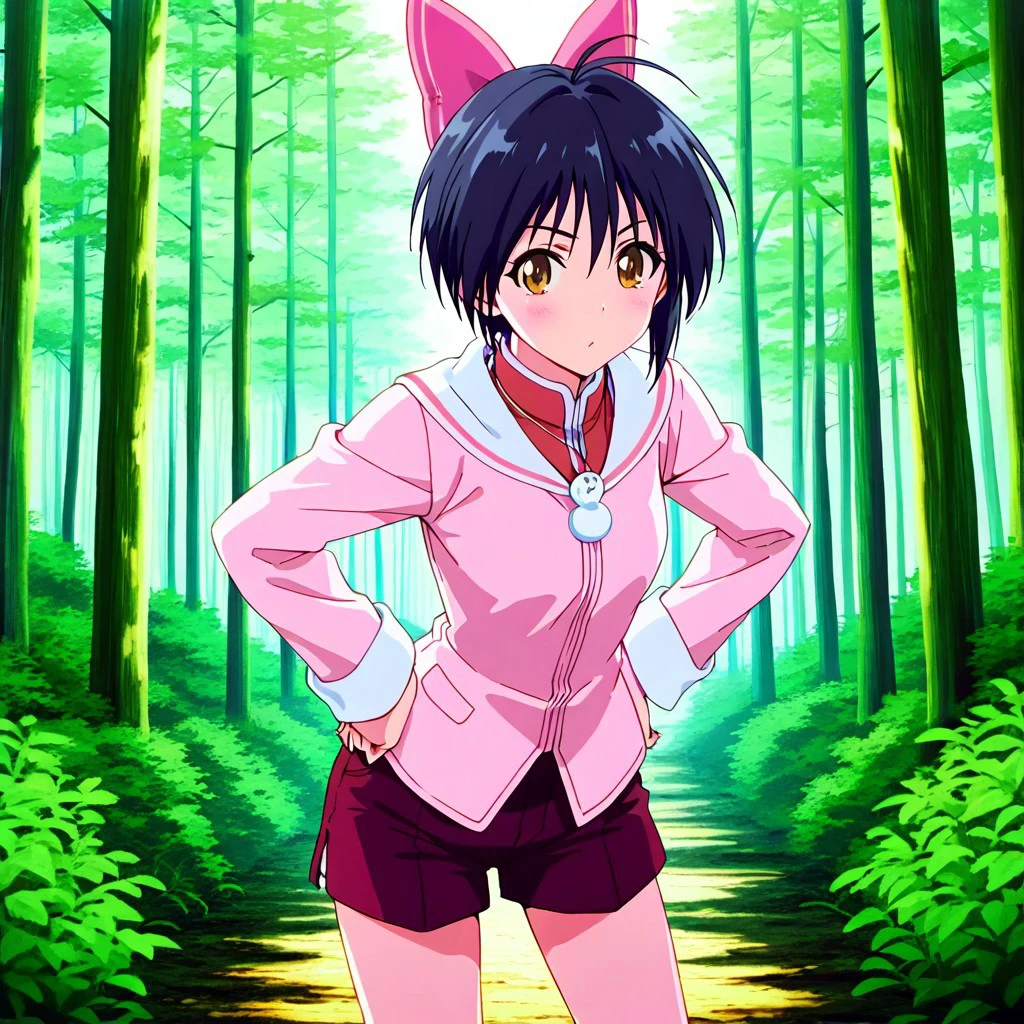 masterpiece, best quality, solo, s_mar, black hair, short hair, hair bow, brown eyes, long sleeves, snowman necklace, shorts, hands on hips, looking at viewer, natural lighting, forest
