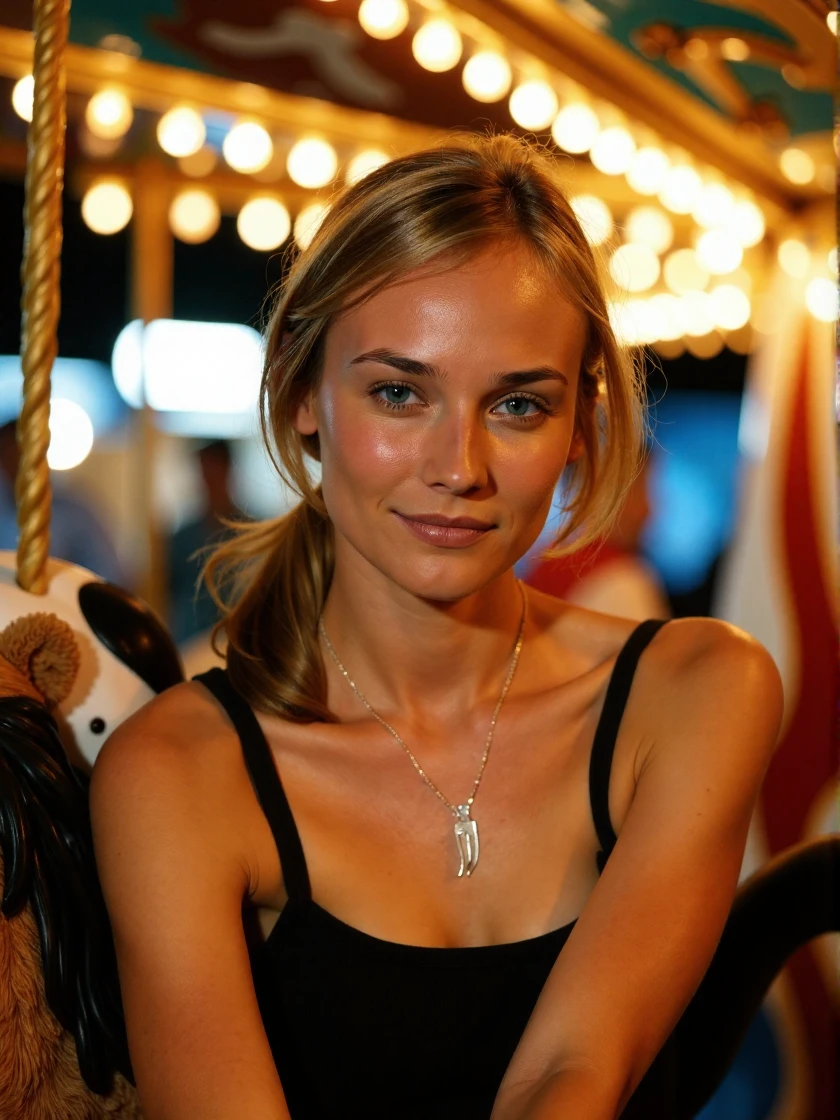 <lora:Diane_Kruger_Ca2002:1> woman, blonde <lora:zz_s_Stylish_Lighting:0.5> <lora:zz_s_Fluxartis:0.5> A highly detailed cinematic photography, extreme close-up, zoomed, focus on face, centered, macro shot, face centered, focus on eyes, looking directly at the viewer, looking directly at the camera, making eye contact, looking straight ahead, modest clothes, modest apparel, chest covered, modesty <lora:zz_s_Chest_Size_Slider:-2>, ponytail, smiling, wearing shorts and a tanktop, holding a large stuffed bear and riding a carousel at a carnival, laughing, blurry background is a carnival scene at night, artificial neon lighting, glow effects, 8k resolution.âââ