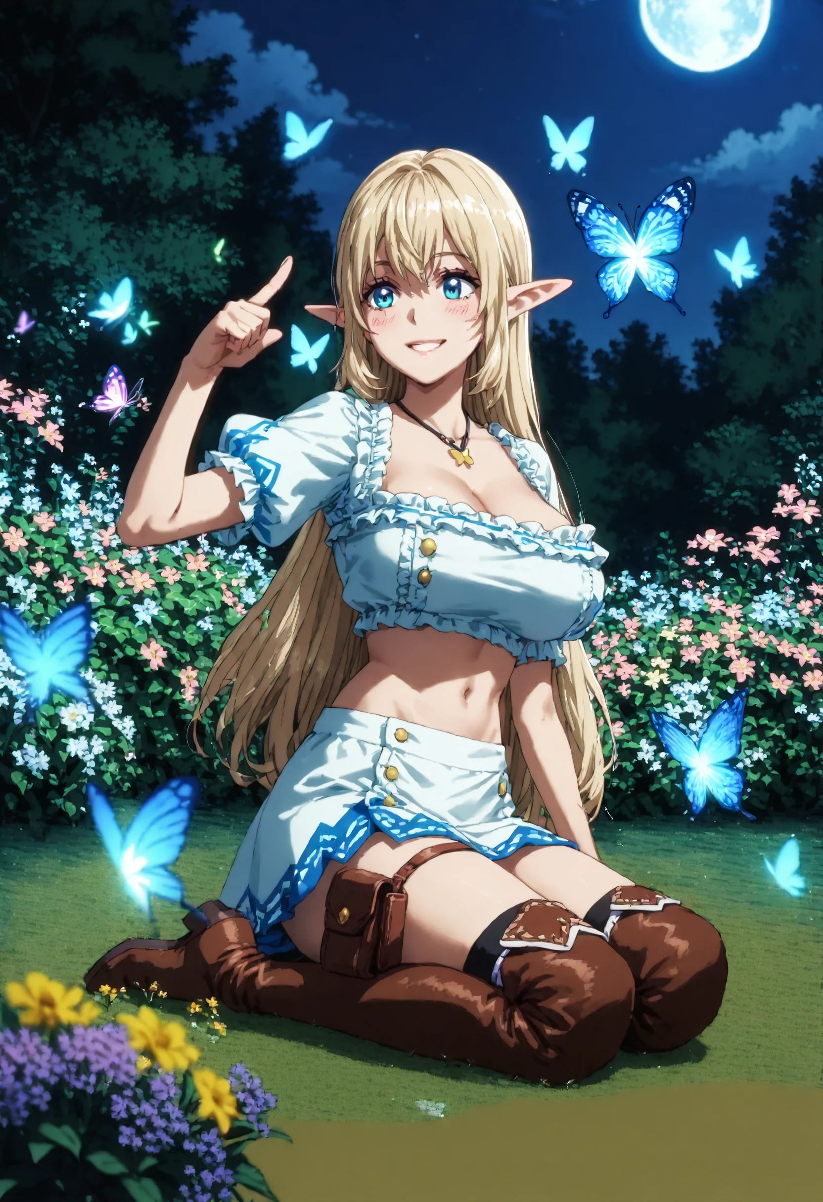 score_9, score_8_up, score_7_up, source_anime, high res image, masterpiece, best quality, anime style, anime screencap,large breasts, anime coloring, night, moonlight, looking down,(glowing butterflies:1.1),
1girl,woman, detailed eyes, arm up, (butterfly sitting on finger),sea of flowers, 1girl,woman,smile, park, water foutain, flowers, kneeling, blush, admiring beautiful flowers, from side, srankbehemoth_aria, elf, blonde hair,blue eyes, full body, one leg up, midriff, miniskirt, thigh boots, on grass, looking down