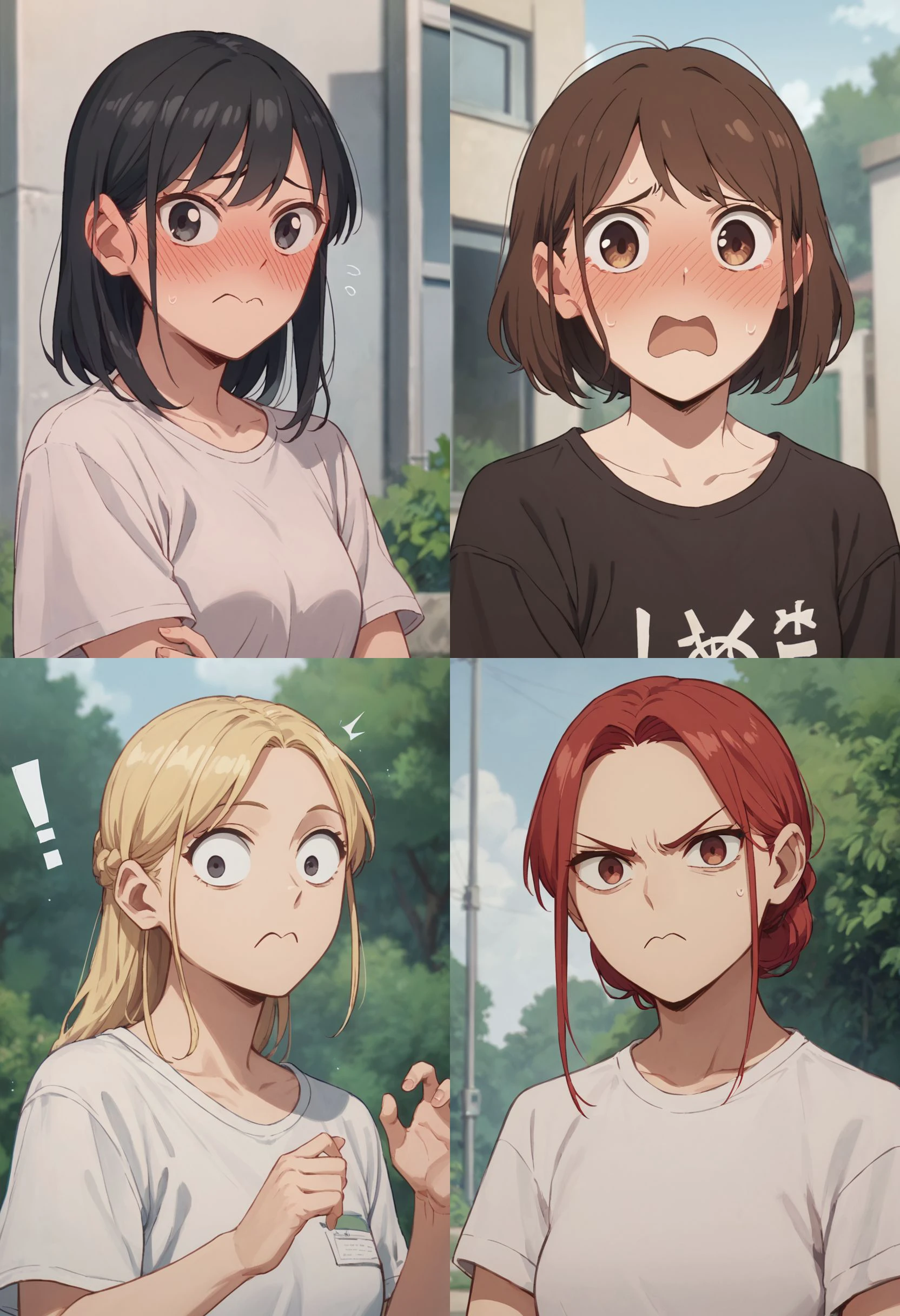 score_9, score_8_up, score_7_up
1girl, portrait, looking at viewer, outdoors
m-mouth
{black hair, blush, closed mouth, embarrassed, |
brown hair, blush, open mouth embarrassed |
blonde hair, closed mouth, surprised, |
red hair, closed mouth, annoyed, }
<lora:m-mouth2:1>
t-shirt