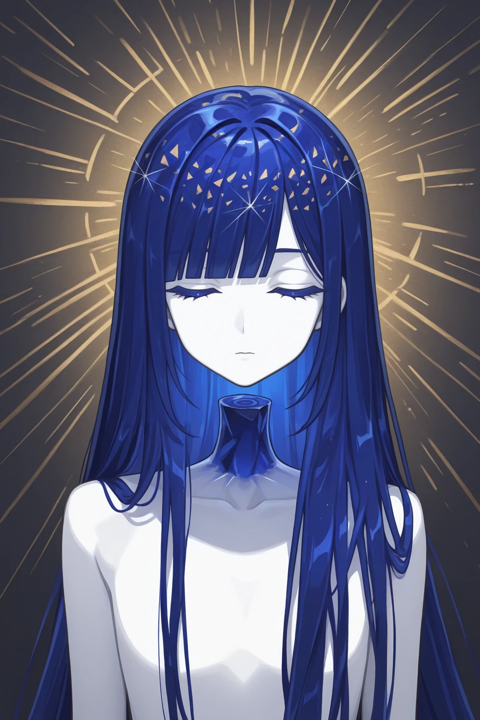 masterpiece, best quality, closed eyes, expressionless, 1other, l4p1s, colored skin, white skin, colored eyelashes, blue hair, crystal hair, asymmetrical bangs, blunt bangs, very long hair, straight hair, blue eyes, (severed head), abstract background, <lora:Hoseki_LandOfTheLustrous_LapisLazuli_IllustriousXL_v1:1>
