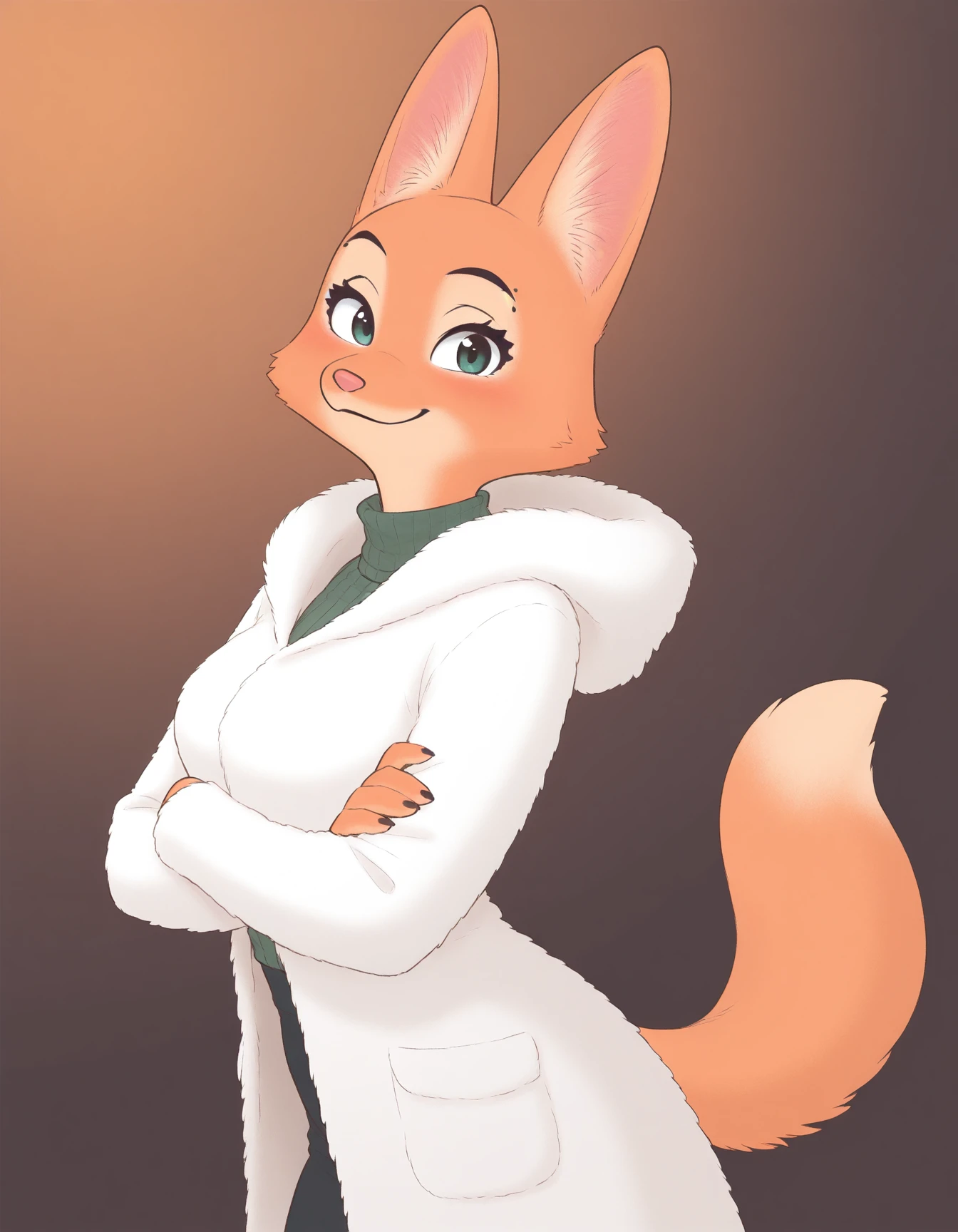 masterpiece, best quality, solo,
Diane_Foxington, ginger fur, pink nose, fox tail, gradient background, looking at viewer, crossed arms, smile, white fur coat
<lora:Diane-Foxington-PenPen-style_il:0.9>