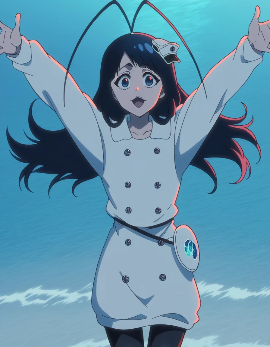score_9, score_8_up, score_7_up, source_anime, <lora:giselle-gewelle-tybw-ponyxl-lora-nochekaiser:1>, giselle gewelle, long hair, bangs, black hair, blue eyes, antenna hair, otoko no ko, anime screencap, long sleeves, dress, white dress, buttons, black pantyhose,, ocean, waves, saltwater, fish, vast, , on back, arm support, arms up, incoming hug, pov, reaching, reaching towards viewer,, looking at viewer, solo,, cowboy shot, solo