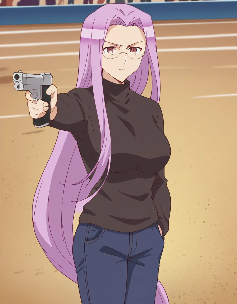 score_9, score_8_up, score_7_up, source_anime, <lora:medusa-emiyachi-ponyxl-lora-nochekaiser:1>, medusa, long hair, very long hair, purple eyes, purple hair, glasses, mature female, large breasts, anime screencap, sweater, turtleneck, black sweater, pants, denim, long sleeves,, dirt road, rural, path, dust, nature, , <lora:yusuf-dikec-ponyxl-lora-nochekaiser:1> yusuf dikec, yusuf dikec (meme), meme, hand in pocket, handgun, holding gun, gun, shirt, t-shirt, pants, audience, cowboy shot,, looking at viewer, solo,, cowboy shot, solo