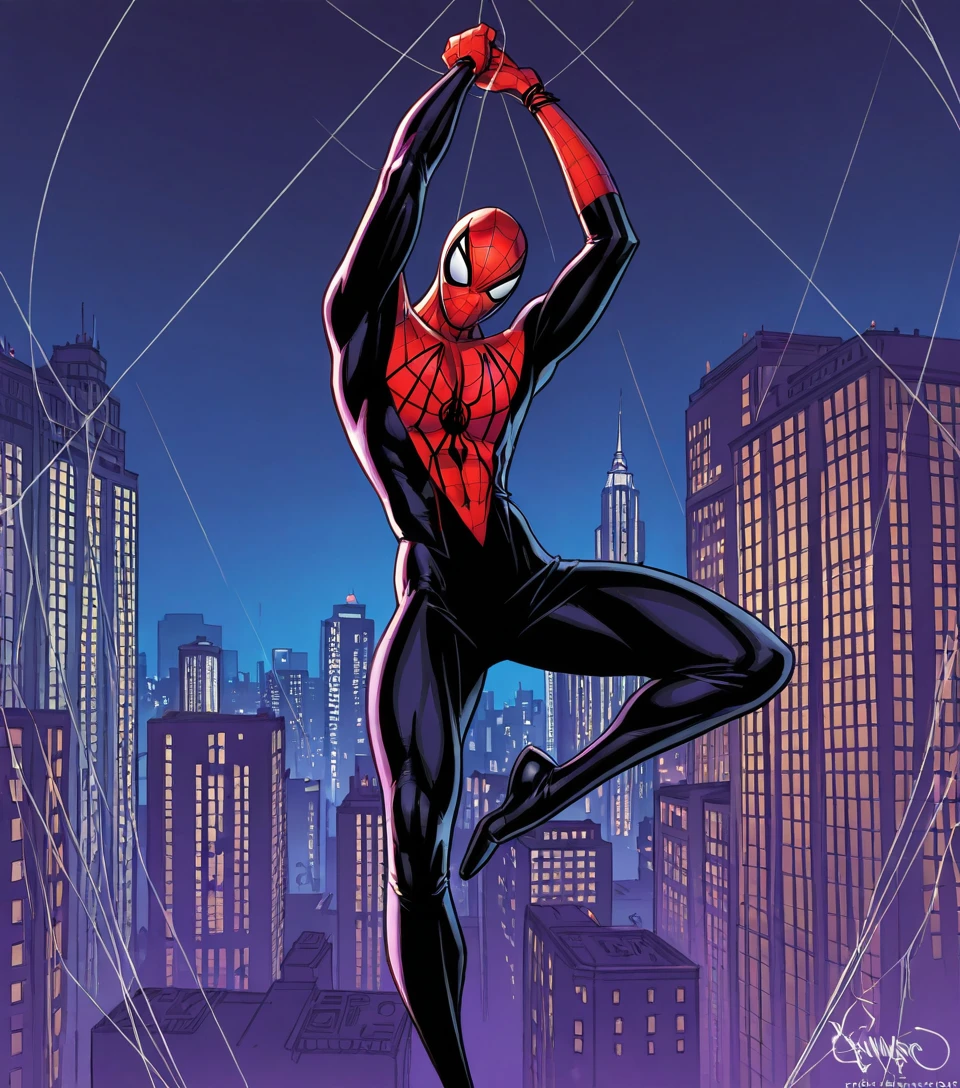In the style of J Scott Campbell, 1 man, solo, Spiderman, short stature, athletic body, semi muscular build, one piece red body suit, web pattern, small black spider logo on chest, large white eyes on mask, jumping from building ledge, one arm overhead, one white web string shooting from wrist, wed string extended off canvas edge, swinging pose, close up, night time, city lights, hard contrast, close up, city skyline reflecting in the whites of his mask, New York City background, artist's signature
