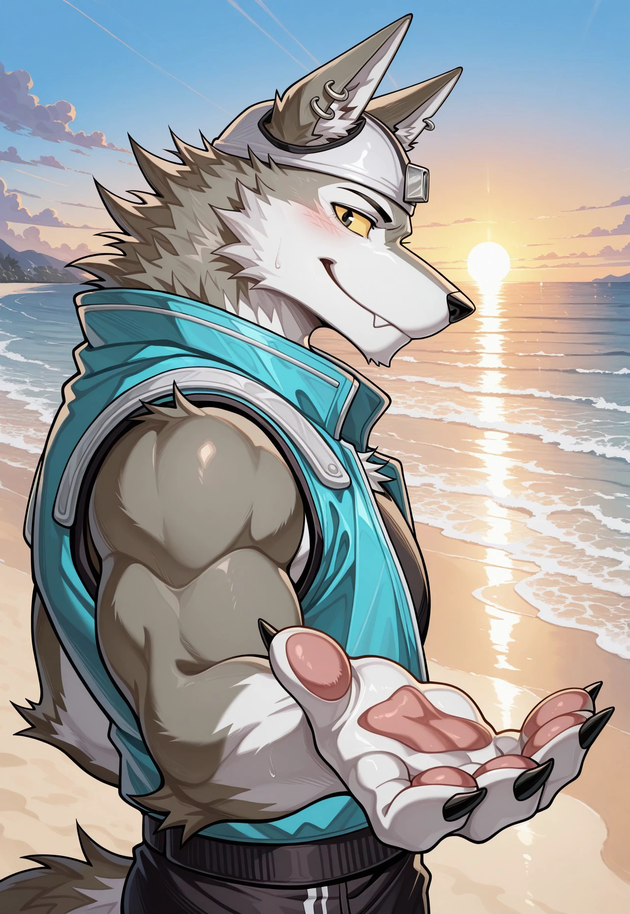 furry, solo, muscular male,
, close up, reaching,upper body, sunset, (sleeveless jacket), looking at viewer, close up, beach, side view, nice eyes, eyes, muscular, two tone fur, two tone body, headwear headgear, grey body, (ear ring, ear piercing), brown fur, brown body, epic games fortnite wolf mammal, canis, canine, canid, wendell \(fortnite\), yellow sclera, reaching hands, 5 fingers, pawpads, (blush:0.7), inviting, invite, (tail), nice hands,
, 2024, 2023, 00gnuhc, masterpiece,best quality,amazing quality,
