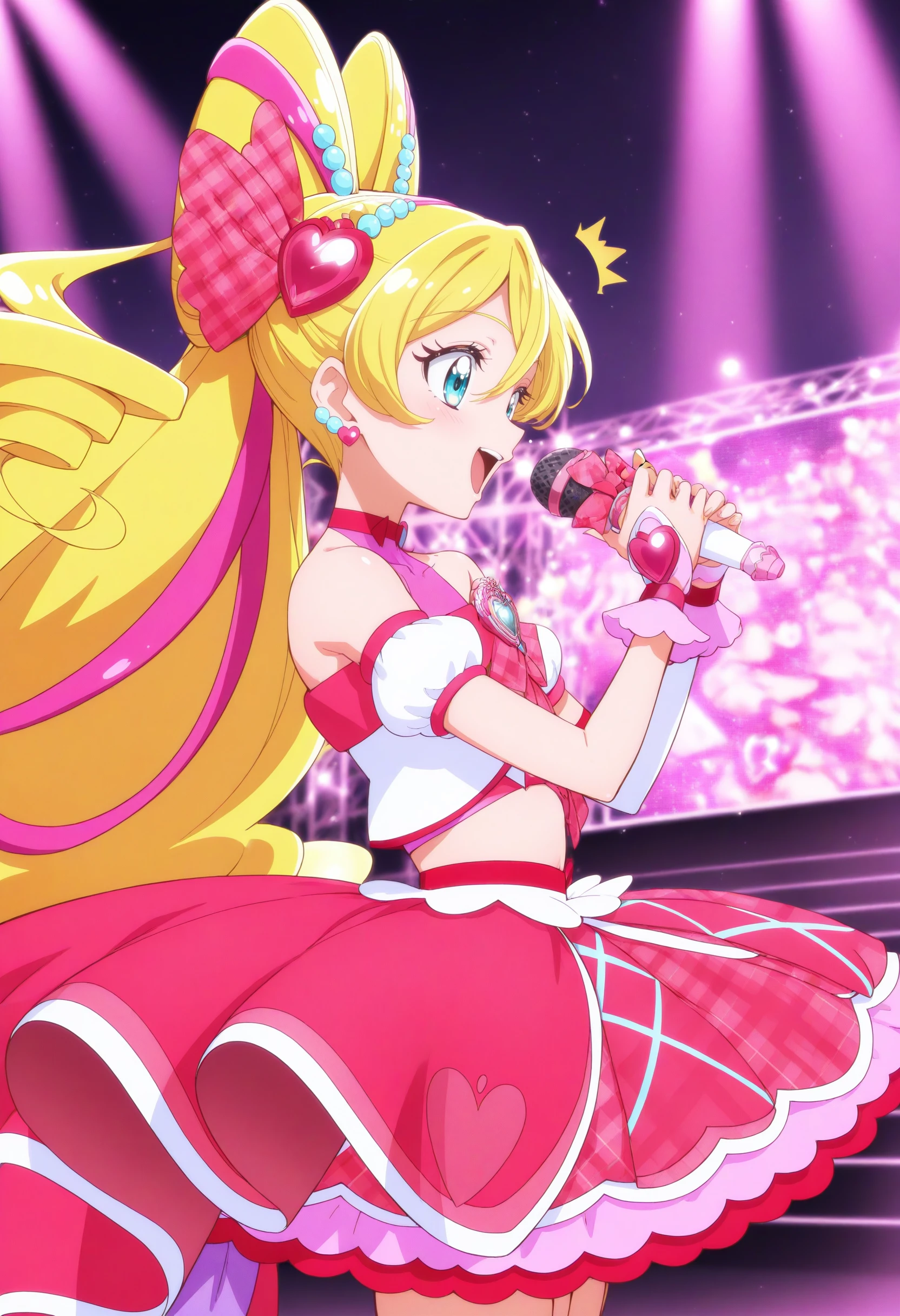 1girl,cure idol,solo,
masterpiece, best quality, newest, absurdres, CG, anime, source anime, illustration,
blonde hair, pink bow, blue eyes, hair bow, jewelry, heart hair ornament, earrings, multicolored hair, twin drills, magical girl, detached sleeves, hair between eyes, plaid skirt, pink choker, bare shoulders, very long hair, <lora:cureidol_Illust_v1:0.8>
singing,holding microphone,stage,stage lights,
from side, cowboy shot, looking ahead, ^^^, gate, parted lips