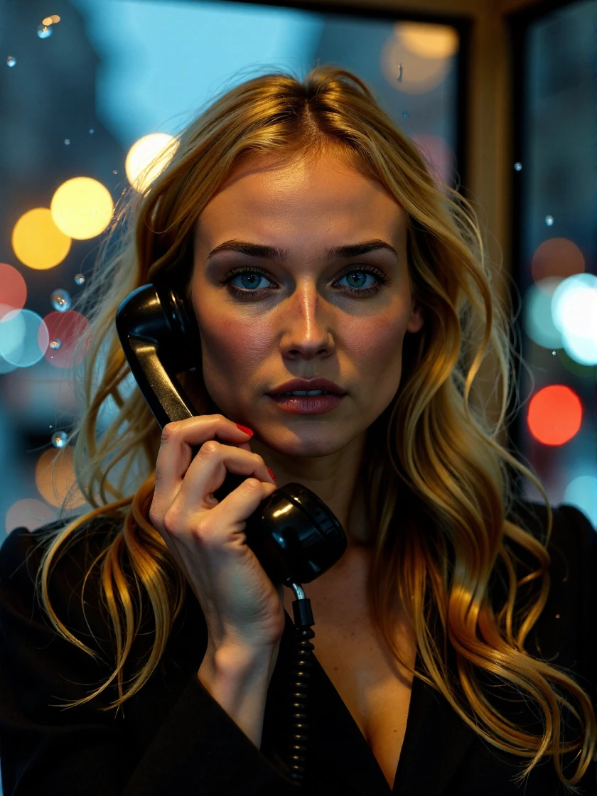 <lora:Diane_Kruger_Ca2002:1.1> woman, blonde, <lora:zz_s_Fluxartis:0.6> A highly detailed cinematic photography, dusk, candid photo inside a phone booth, talking on an old 1970s pay phone, it is pouring rain outside, only the receiver is visible in the photo, new york city, the phone booth glass has cascades of water running down the outside, street lights and car headlights can be seen glowing through the glass but can't quite be made out due to the distortion caused by the cascading water, her face is wet with tears and her eyes are red, bokeh., extreme close-up, zoomed, focus on face, centered, macro shot, face centered, focus on eyes, looking directly at the viewer, looking directly at the camera, making eye contact, looking straight aheadâââ
