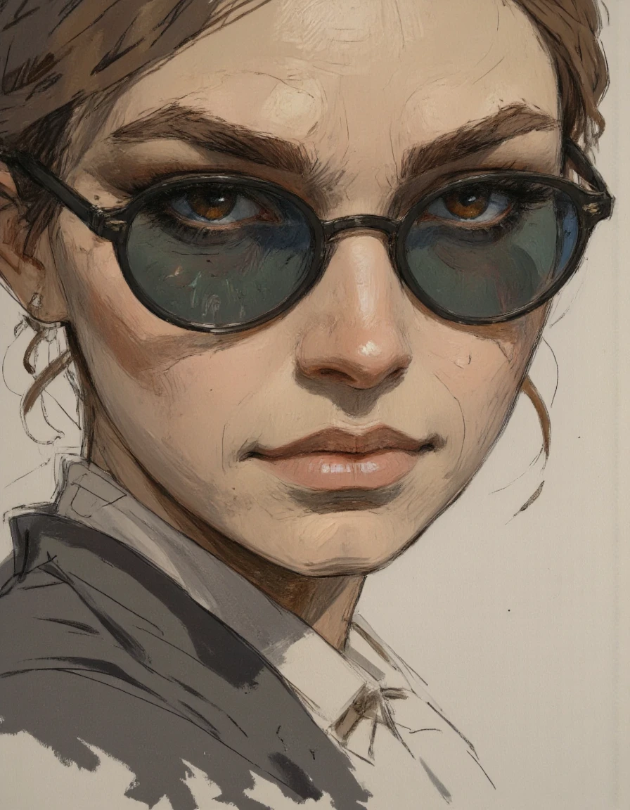 Ev Ganin II style. A woman portrait wearing sunglasses. <lora:Ganin_II:1.0>