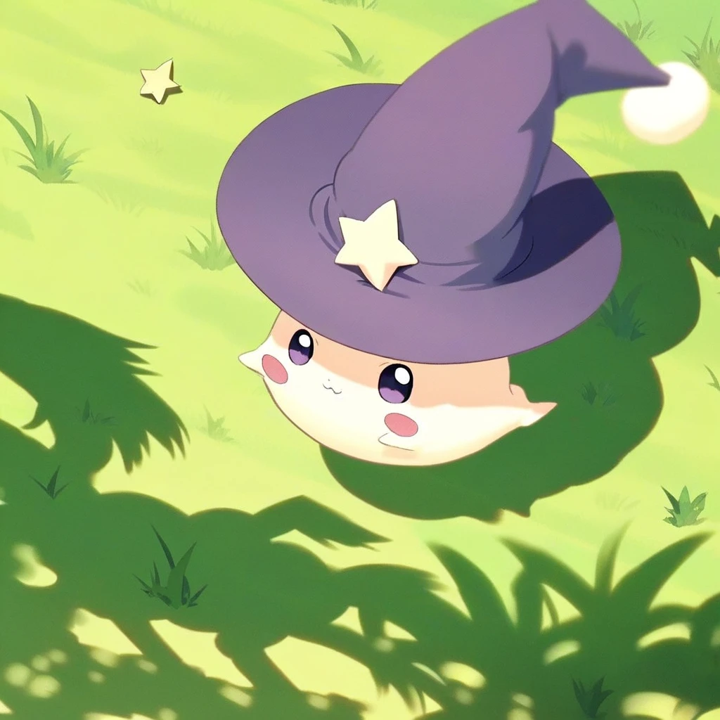 score_8, score_8_up, score_7_up, source_anime, anime screenshot, pokemon (creature), 1other, solo, powaso, ghost, ghost tail, wizard hat, purple headgear, star (symbol), pom pom (clothes), pom pom hat ornament, hat ornament, blush stickers, floating, shadow, grass, outdoors, plain,