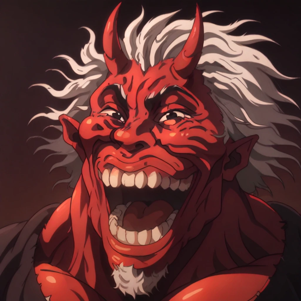 masterpiece, best quality, newest, absurdres, highres,  anime, anime style, vintage anime, 90s anime, YujiroLaughIL-V1.1 smile, teeth, grin, open mouth, laugh, 1boy, demon, demon boy, red skin, red colored skin, white hair, horns, oni horns, massive horns, oni, muscular male, monster boy, monster, muscular, black robe, black eyes, manly, beard, long beard, smile, grin, evil grin,