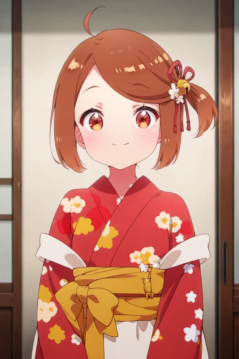 masterpiece, best quality, solo, curvy, beautiful eyes, zzChiyo, brown eyes, ahoge, brown hair, hair bell, hair flower, hair ornament, hair ribbon, one side up, short hair, side ponytail,  japanese clothes, kimono, flower, red kimono, floral print, bell, jingle bell, swept bangs, print kimono,  <lora:Chiyo_PrimaDoll_IXL:1.0>, upper body, smile, looking at viewer, shiny skin,