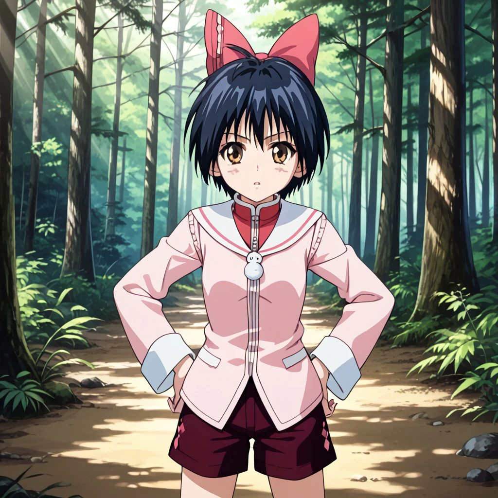 score_9, break, solo, s_mar, black hair, short hair, hair bow, brown eyes, long sleeves, snowman necklace, shorts, hands on hips, looking at viewer, forest, sunlight, shadows, natural lighting