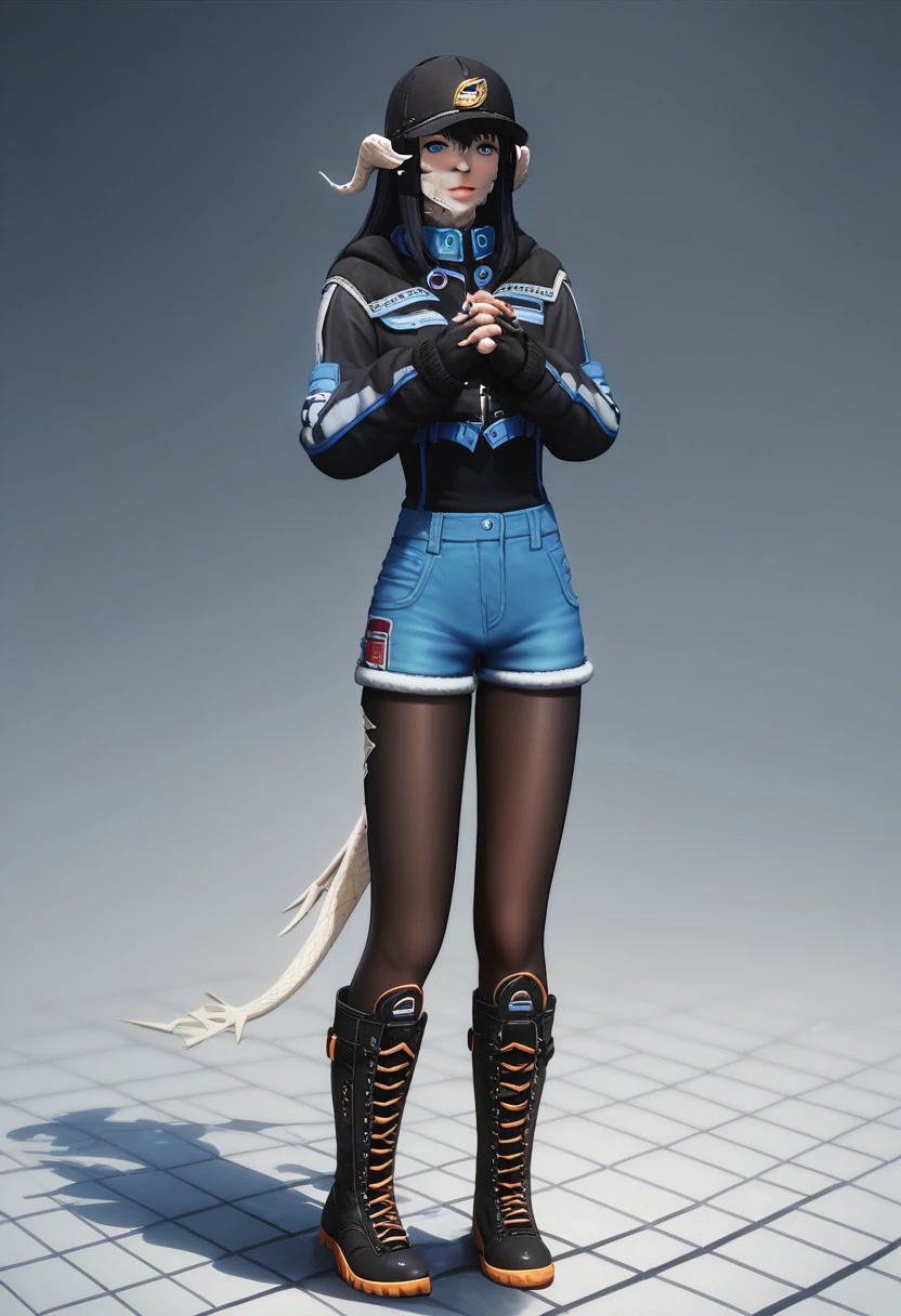 PonyXLV6_Scores BREAK V4NGU4RD, V4NGU4RD, 1girl, solo, au ra, hat, blue eyes, black hair, horns, gloves, pantyhose, fingerless gloves, boots, tail, full body, jacket, looking at viewer, standing, lips, black footwear, scales, dragon horns, dragon tail, black headwear, long hair, black pantyhose, shorts, own hands together, techwear