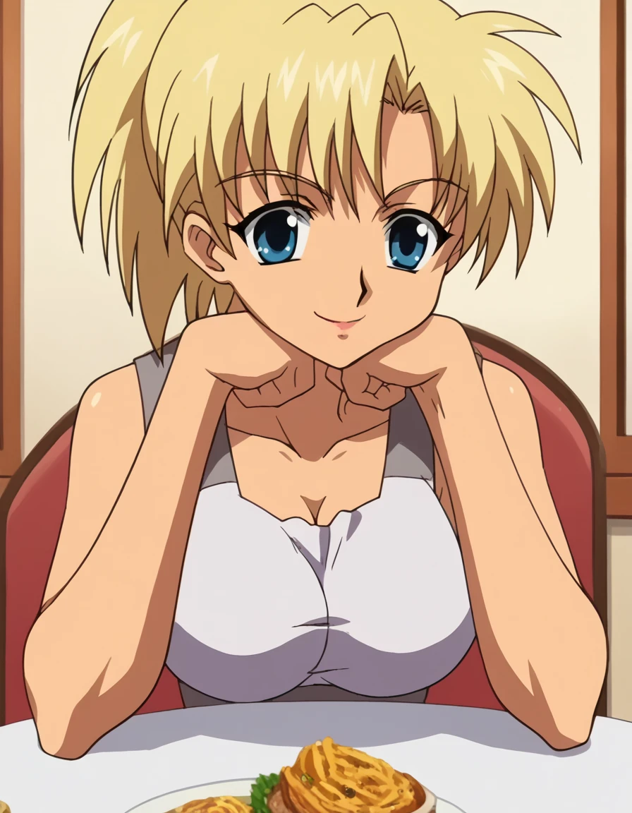 score_9, score_8_up, score_7_up, source_anime, <lora:seimii-s1-ponyxl-lora-nochekaiser:1>, seimii, short hair, blonde hair, blue eyes, large breasts, anime screencap, <lora:pov-across-table-ponyxl-lora-nochekaiser:1> pov across table, pov dating, restaurant, table, meal, care, cup, head rest, smile, elbow on table, food, elbow rest,, , cowboy shot, solo