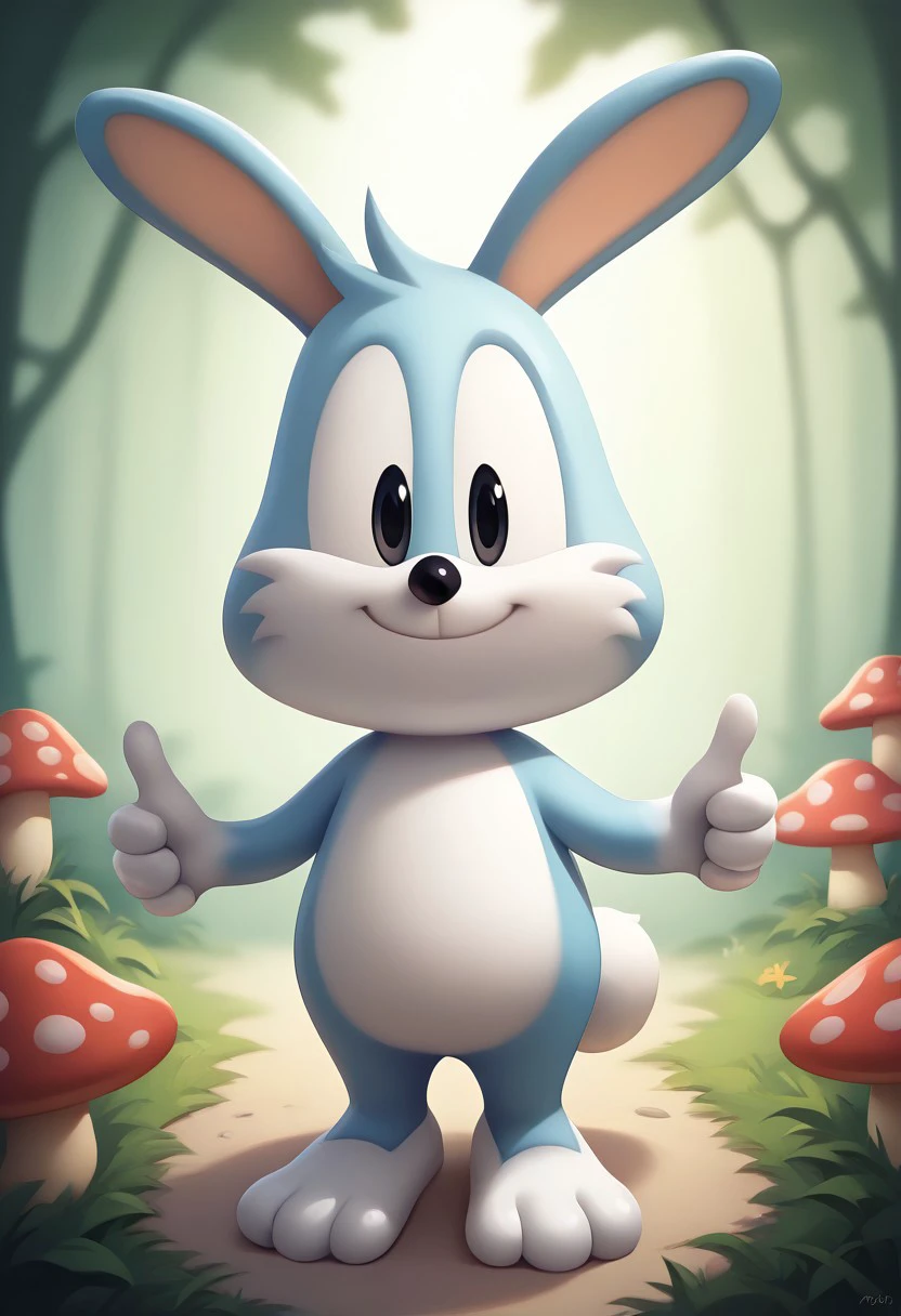score_9, score_8_up, score_7_up, (best quality:1.1), ultra-detailed, high resolution, 8k, Pocky the rabbit, rabbit, gray-blue skin, black pupils, bunny ears, closed mouth, smile, 👍 , white gloves, animal, thumbs up, short, woodlands, mushroom hill, forest, BREAK outside, Rich, Detailed background, ambient light