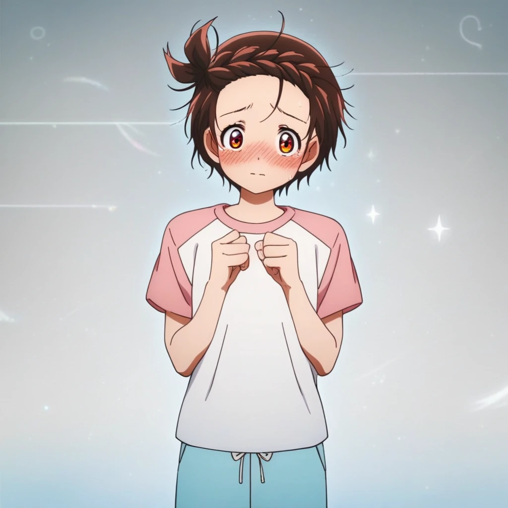 score_9, score_8_up, score_7_up, source_cartoon, prefect lighting, very aesthetic, intricate details, highly detailed background, high quality, perfect hands, best quality, 1girl, solo, yuitsuka inori, medalist, brown hair, one side up, braided bangs, brown eyes, two tone shirt, white shirt, pink sleeves, short sleeves, blue shorts, black pantythose, standing, nervous, reception, blush, looking at veiwer, shy,