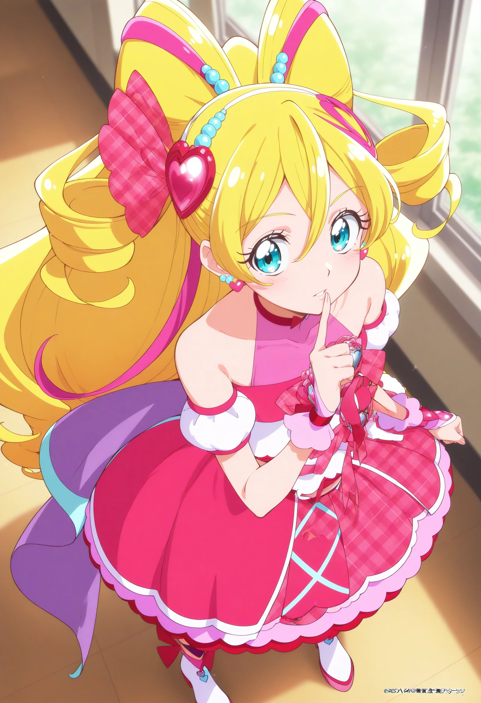 1girl,cure idol,solo,
masterpiece, best quality, newest, absurdres, CG, anime, source anime, illustration,
blonde hair, pink bow, blue eyes, hair bow, jewelry, heart hair ornament, earrings, multicolored hair, twin drills, magical girl, detached sleeves, hair between eyes, plaid skirt, pink choker, bare shoulders, very long hair, <lora:cureidol_Illust_v1:0.8>
finger to mouth ,
from above, full body, looking ahead, determined, by classroom window, parted lips
