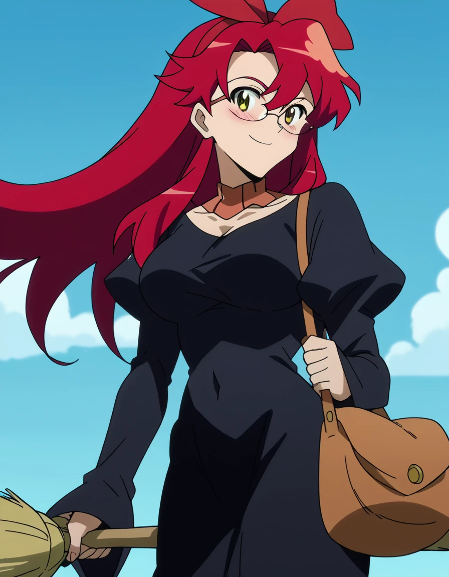 score_9, score_8_up, score_7_up, source_anime, <lora:yoko-littner-s1-v2-ponyxl-lora-nochekaiser:1>, yoko littner, long hair, yellow eyes, red hair, glasses, hair down, mature female, large breasts, anime screencap, <lora:witch-kiki-cosplay-ponyxl-lora-nochekaiser:1>, witch kiki cosplay, kiki (majo no takkyuubin) (cosplay), bag, black dress, bow, bow hairband, cosplay dress, hairband, long dress, red bow, red hairband, shoulder bag, sleeves past elbows,, blue sky, broom, broom riding, smile, blush,, cowboy shot, looking at viewer,, , cowboy shot, solo