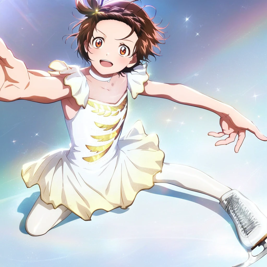 score_9, score_8_up, score_7_up, source_cartoon, prefect lighting, very aesthetic, intricate details, highly detailed background, high quality, perfect hands, best quality, 1girl, solo, yuitsuka inori, medalist, brown hair, one side up, braided bangs, brown eyes, ice skate costume, skating, dancing, ice skating,