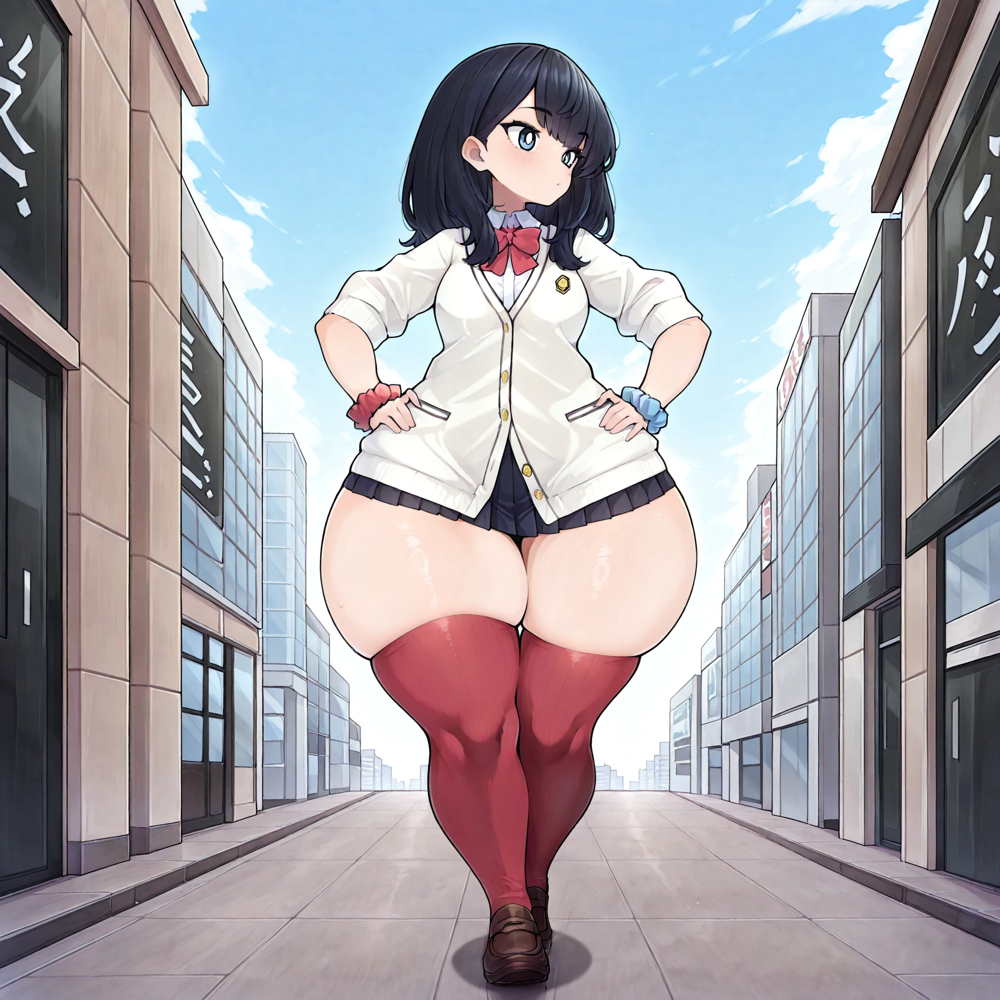 (masterpiece), best quality, (highly detailed), 1female, solo, <lora:490_style illustrious:0.8>, city, wide hips, thick thighs, plump, <lora:AERikka:1>, AERikkaDef, blue eyes, black hair, long hair, red bowtie, white cardigan, wrist scrunchie, microskirt, pleated skirt, red sock, brown footwear, loafers, walking, hands on hips,