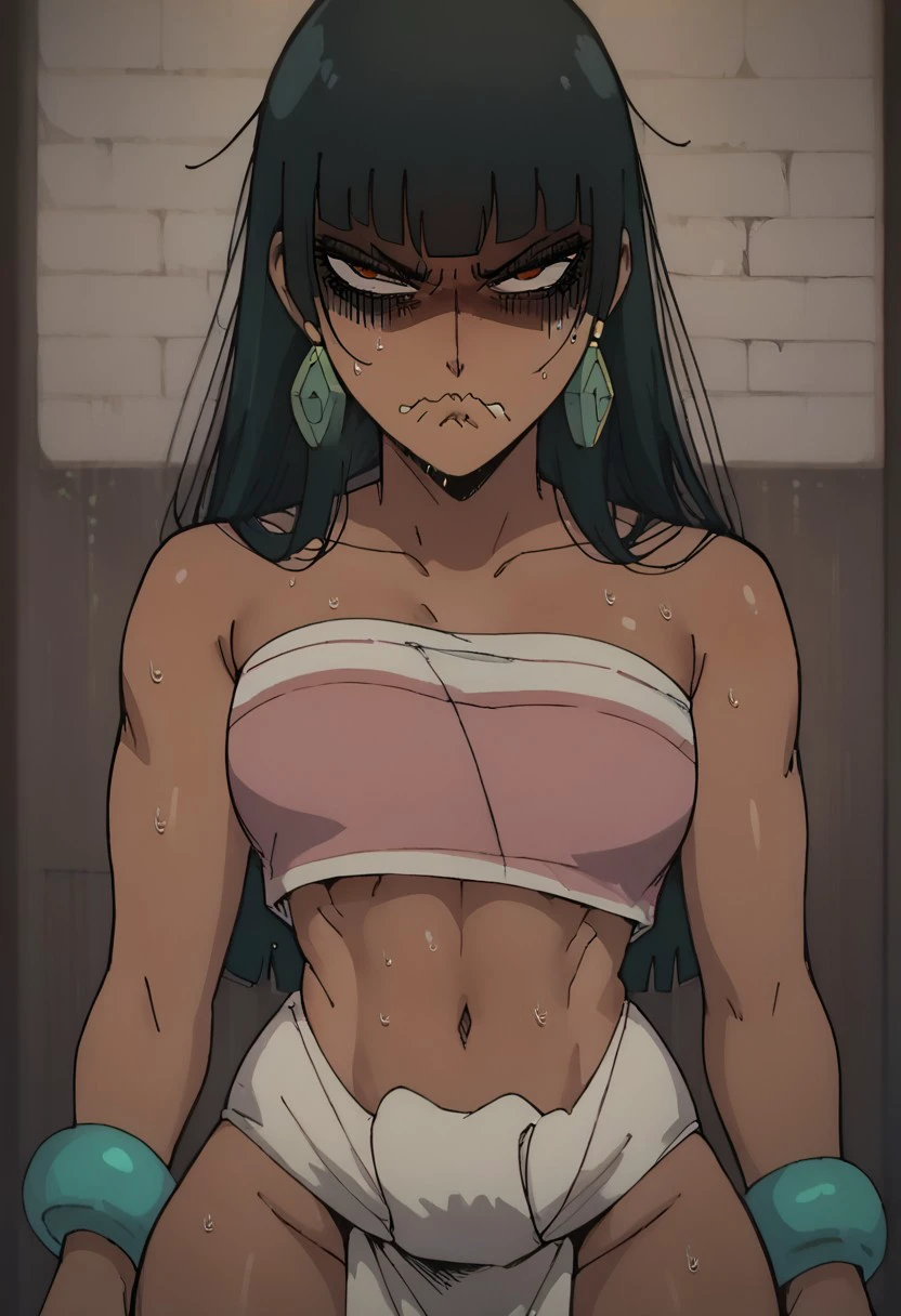 score_9, score_8_up, score_7_up, 1 girl, Yorbutthurtface, angry, annoyed, expressive, exxagerated exxpresion, frown, shaded face, wavy mouth, sweating profusuely , dark skin, blunt bangs, long hair, black hair, jewelry, earrings, bracelets, makeup, tube top, loincloth