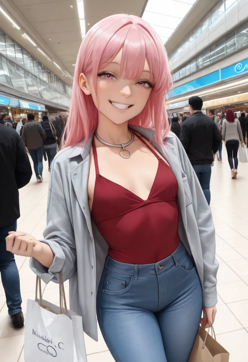 masterpiece, best quality, good quality, newest, very aesthetic, absurdres, front view, 1girl, cute face, smile, long pink hair, small breasts, blue jeans, black open shirt, red halter-top, happy, cowboy shot, midnight, shopping mall, crowded, carrying shopping bag, etern1ty, (wearing silver c0llar-with-r1ng:1.2), looking at viewer, slight head tile, loving, love, photo background, realistic background