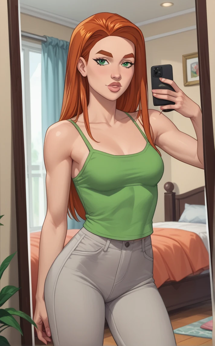 score_9, score_8_up, score_7_up, absurdres,an image of a person taking a picture of themselves in a mirror with a cell phone in front of them, looking at viewer, indoors, bedroom, curtains, full-length mirror, blurry background, depth of field, <lora:PONYXL_Invincible_AtomEve_ownwaifu:0.85>, BREAK GreenTankTop_AtomEve_ownwaifu, 1girl, orange hair, shiny hair, straight hair, eyelashes, green eyes, long hair, nose, thick eyebrows, thick lips, bare shoulders, breasts, collarbone, green tank top, grey pants, camisole, <lora:add-detail-xl:0.15>,