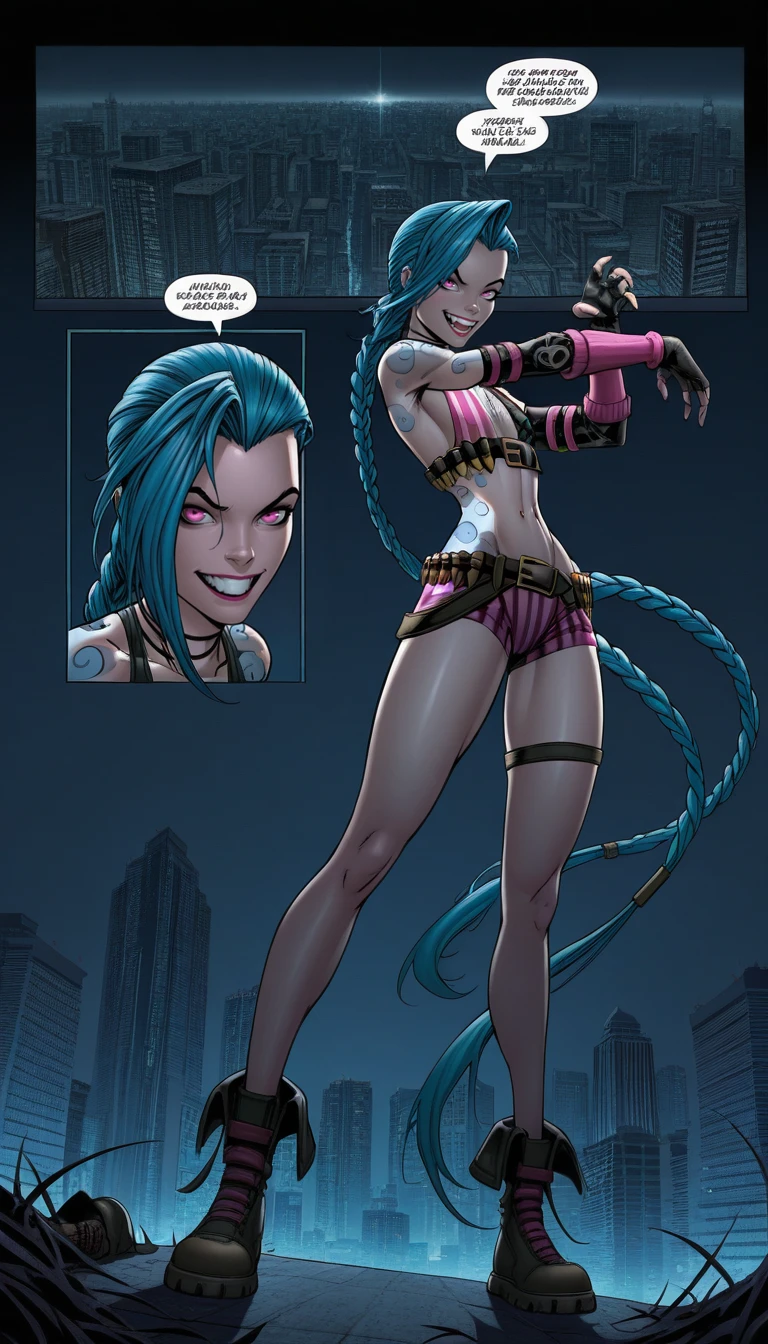 masterpiece,best quality,amazing quality,
comic, comic cover, cover page, dark theme, cityscape,
jinx \(league of legends\), , looking at viewer, full body shot, sexy pose, dynamic pose, happy,
darkn3ssill, <lora:The_Darkness_Style_Illustrious:1>,