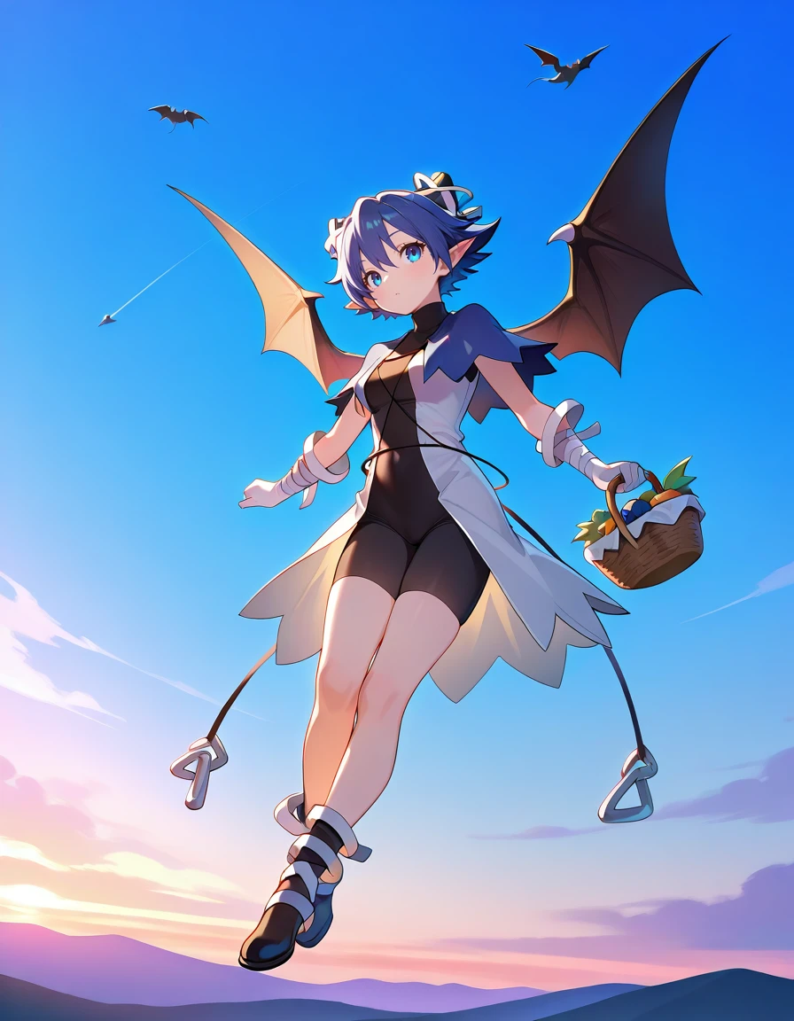 <lora:DHERivieraserene_SDXL_illustrious_fp16_ver01:1>,DHERivieraserene, 1girl, blue hair, short hair, horns, blue eyes, pointy ears, bat wings, blue capelet, dress, turtleneck, gloves, bike shorts, bandages, black footwear,flying, holding basket, sky, masterpiece, best quality, very aesthetic, absurdres,<lora:detailed_hands:1>,hand