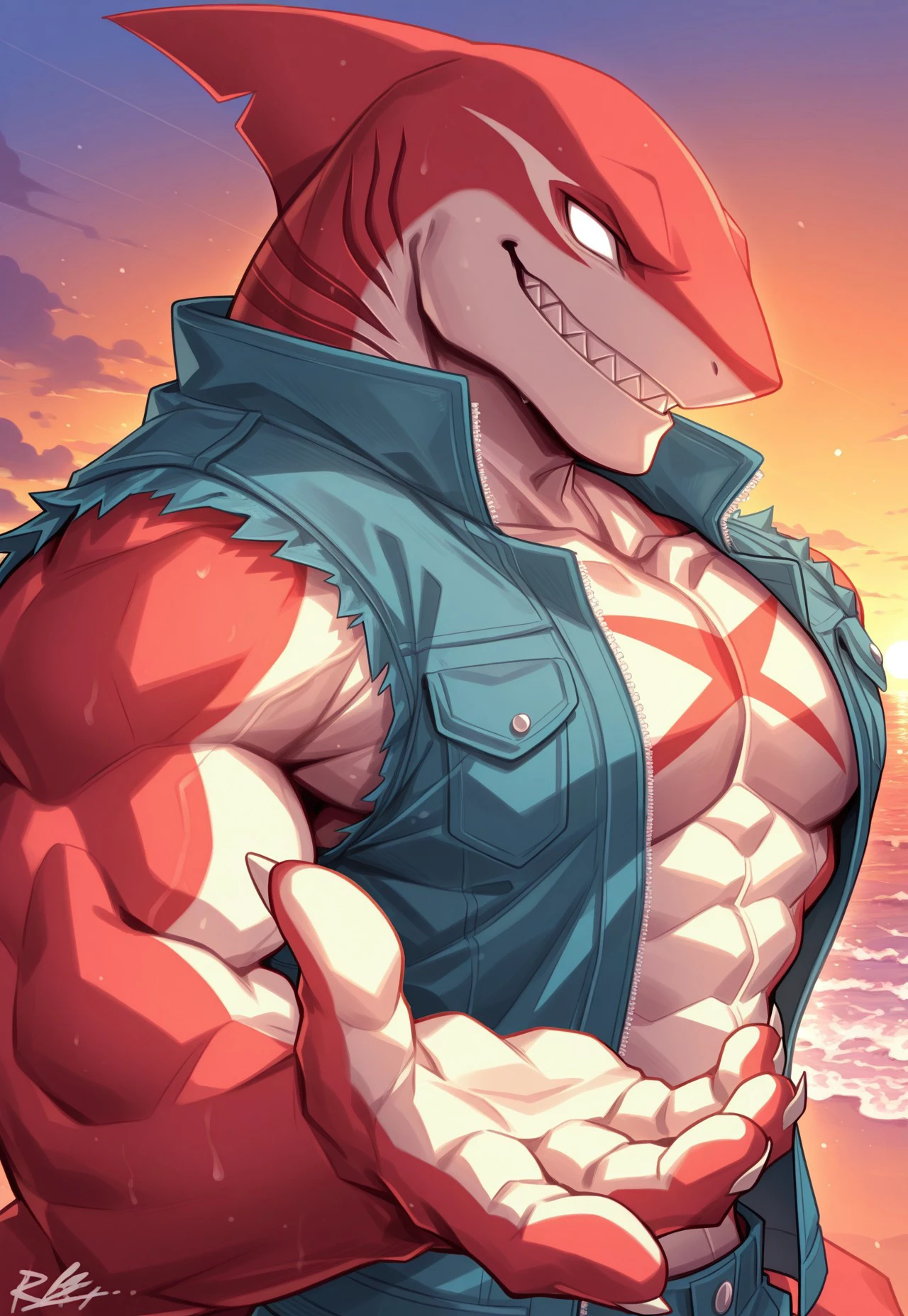 bright red colored bara shark, white countershade, red skin, strong physique, tribal tattoos, scarlet samurai hair in ponytail, cyan colored eyes, black sclera, very muscular, perfect anatomy, scars on body, full body view in frame, solo, masterpiece, sexy pose, beard, strong jaw, thick thighs, giant biceps, muscular, shark tail, grin, amazing shading, full body, detailed hands, detailed eyes, detailed face, detailed arms,anthro, muscular, abs, (detailed:1.5), male, detailed background, by RolenzoArt, by sligarthetiger, by meesh, by kihublue, by Kingarthur_I (artist),huge plump pecs, (by taran fiddler:0.8)
nude, featureless nude, accurate muscles, close up, clear anatomy lines, sitting on couch, cigar on hand, low angle view, (comic style:1.5), seductive look, bedroom eyes, looking at viewer, dark background,