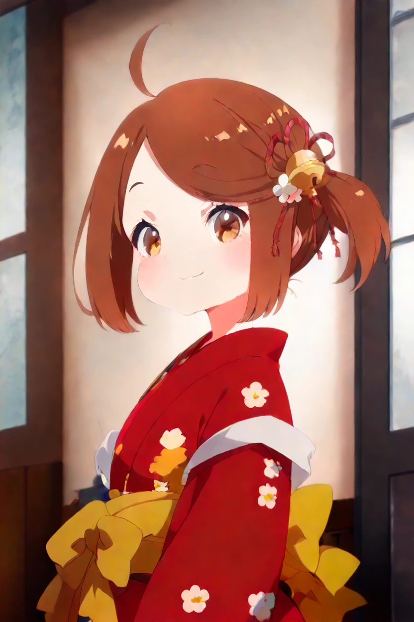 masterpiece, best quality, solo, curvy, beautiful eyes, zzChiyo, brown eyes, ahoge, brown hair, hair bell, hair flower, hair ornament, hair ribbon, one side up, short hair, side ponytail, japanese clothes, kimono, flower, red kimono, floral print, bell, jingle bell, swept bangs, print kimono, <lora:Chiyo_PrimaDoll_IXL:1.0>, upper body, side view, smile, looking at viewer, shiny skin,<lora:HaradaTakehitoIXL_v3:1.3>, <lora:ZankuroIXLLight_v2:0.6>,